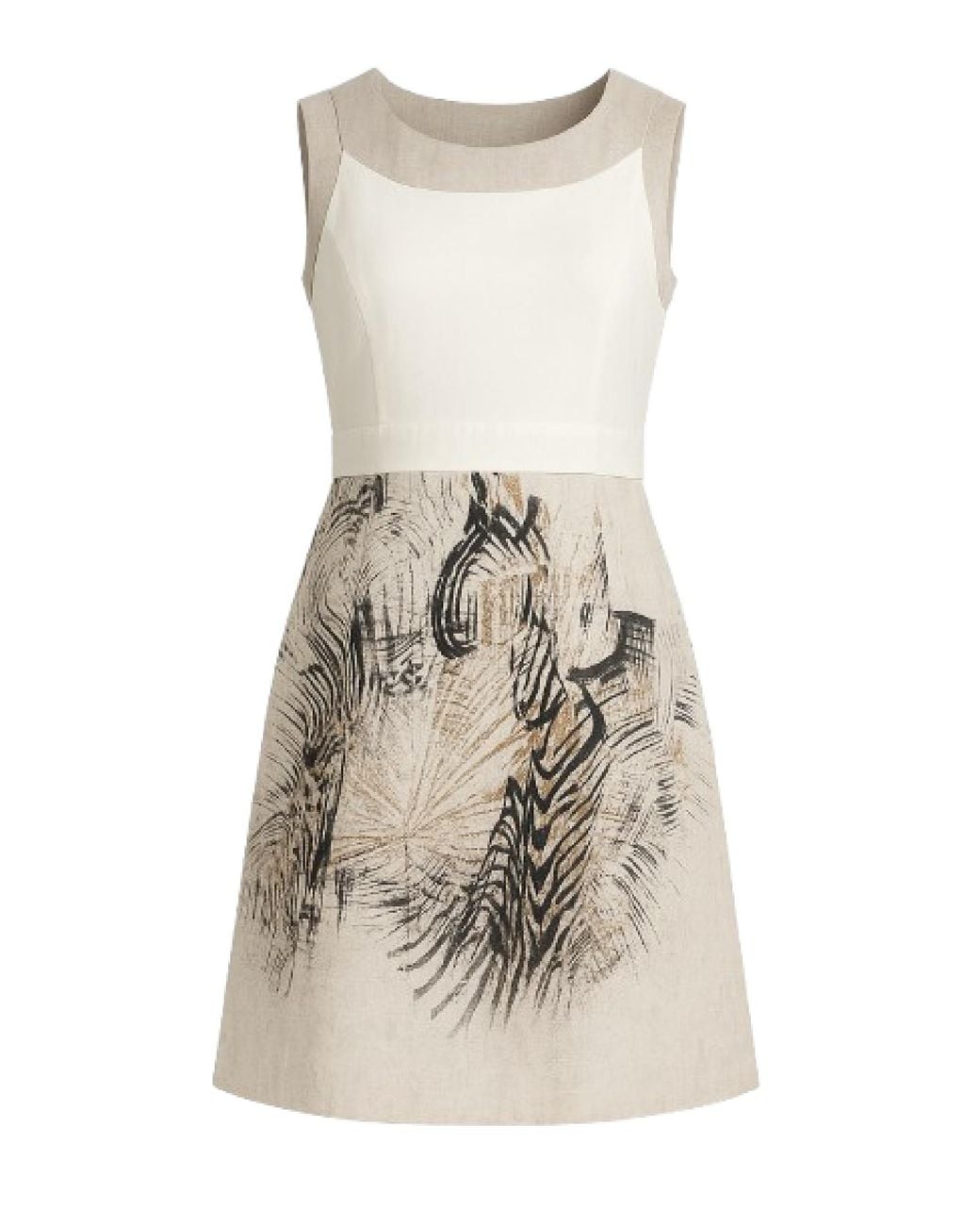 Conquista Natural Neutrals Elegant Sleeveless A-Line Dress With Artistic Nature-Inspired Print