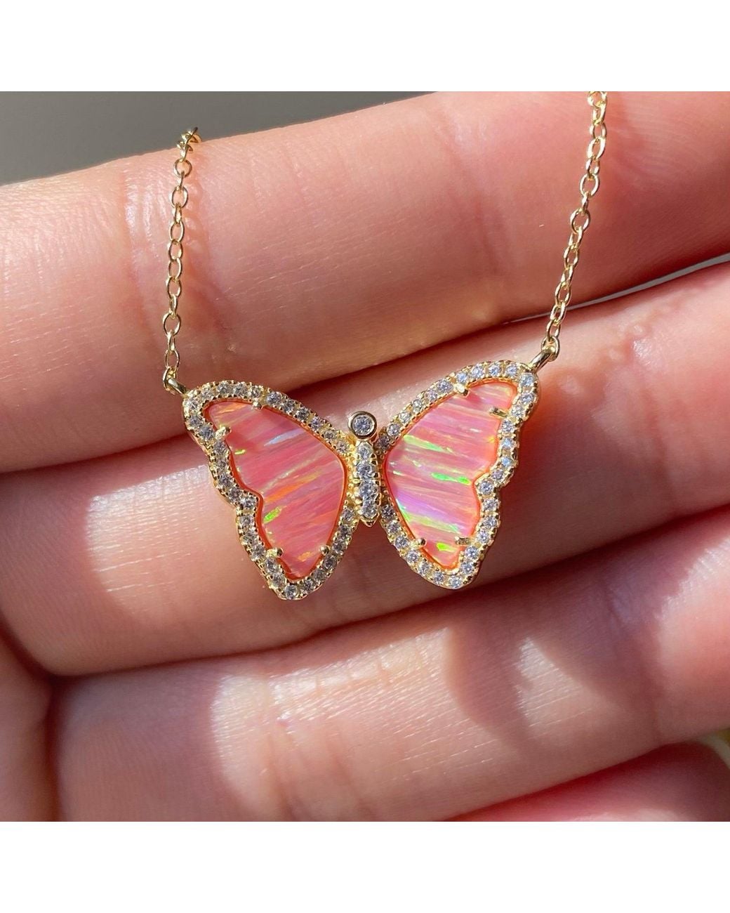 KAMARIA Pink Opal Butterfly Necklace With Stripes