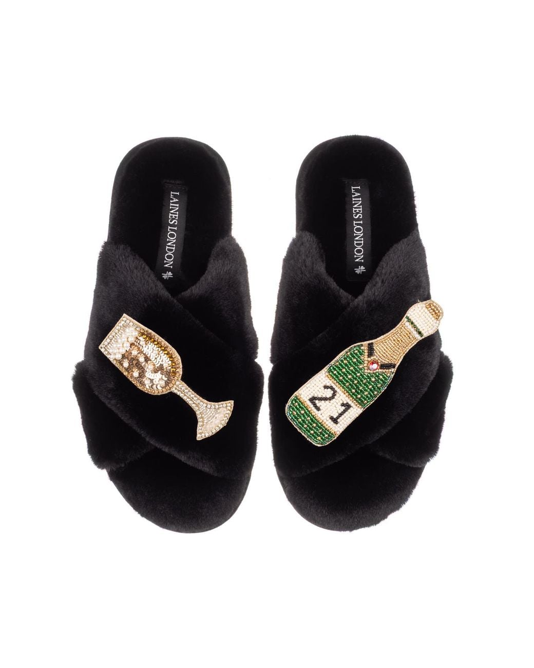 Laines London Black Classic Laines Slippers With Champagne & Glass 21St Birthday Brooches