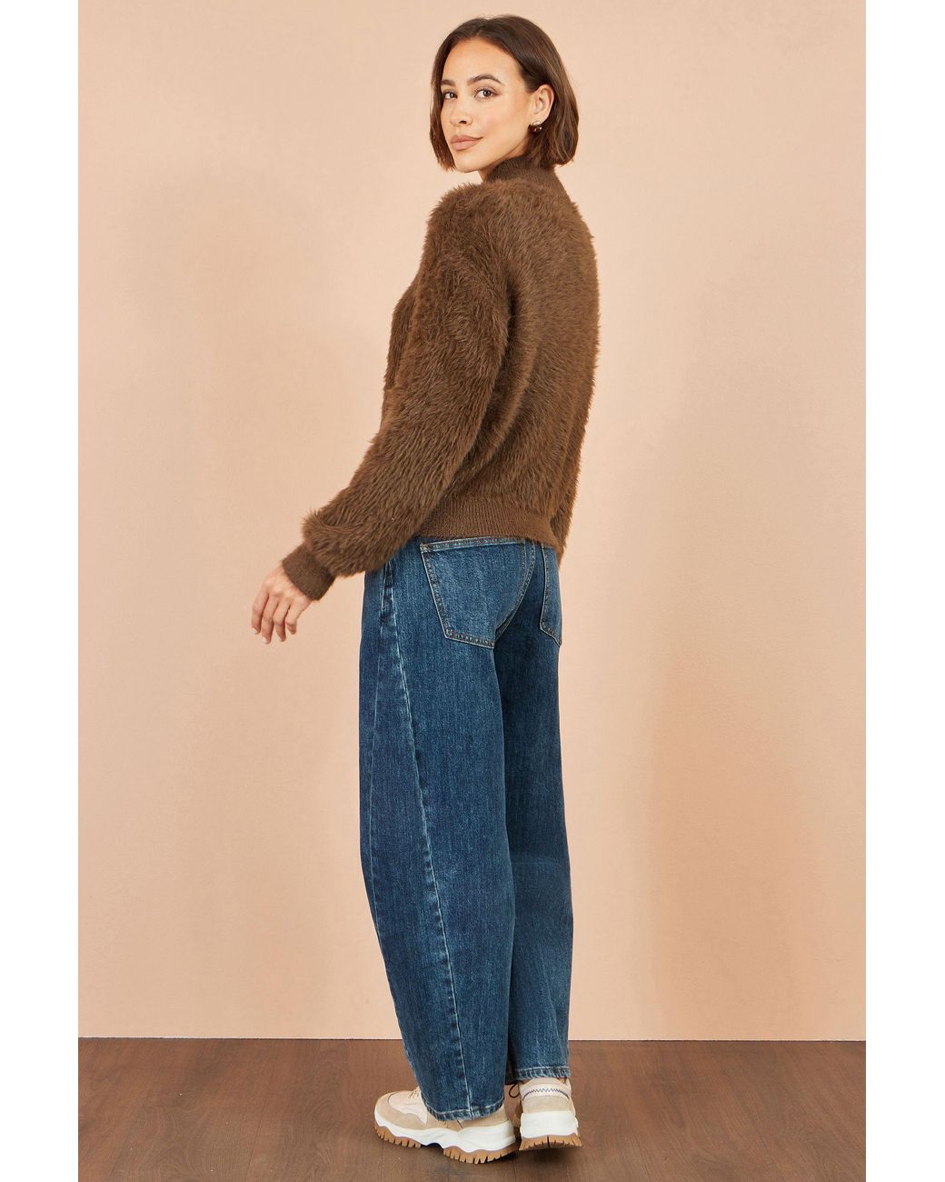 Yumi' Brown Eyelash Zip Knitted Jacket