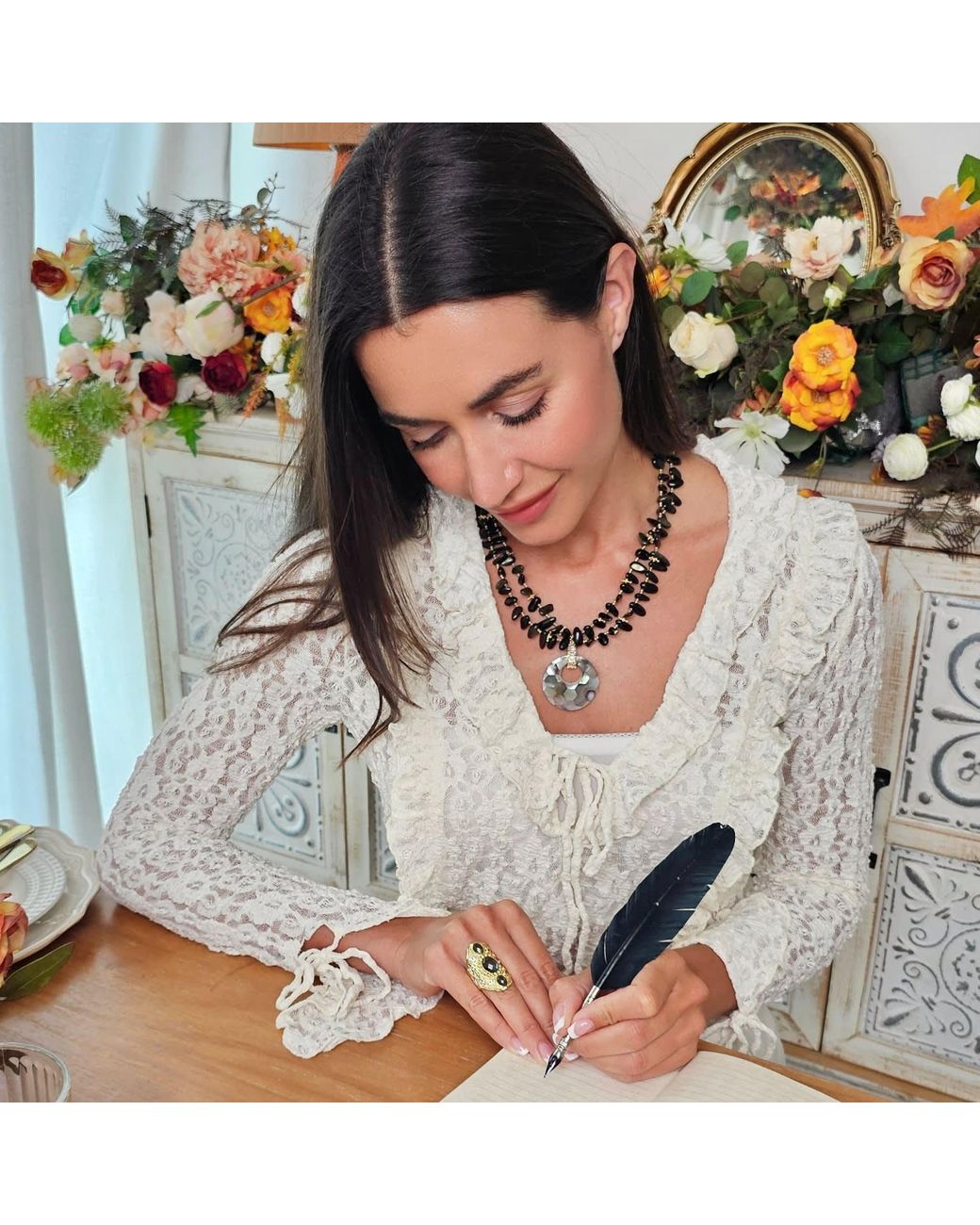Farra Black Obsidian With Shell Pendant Classical Necklace