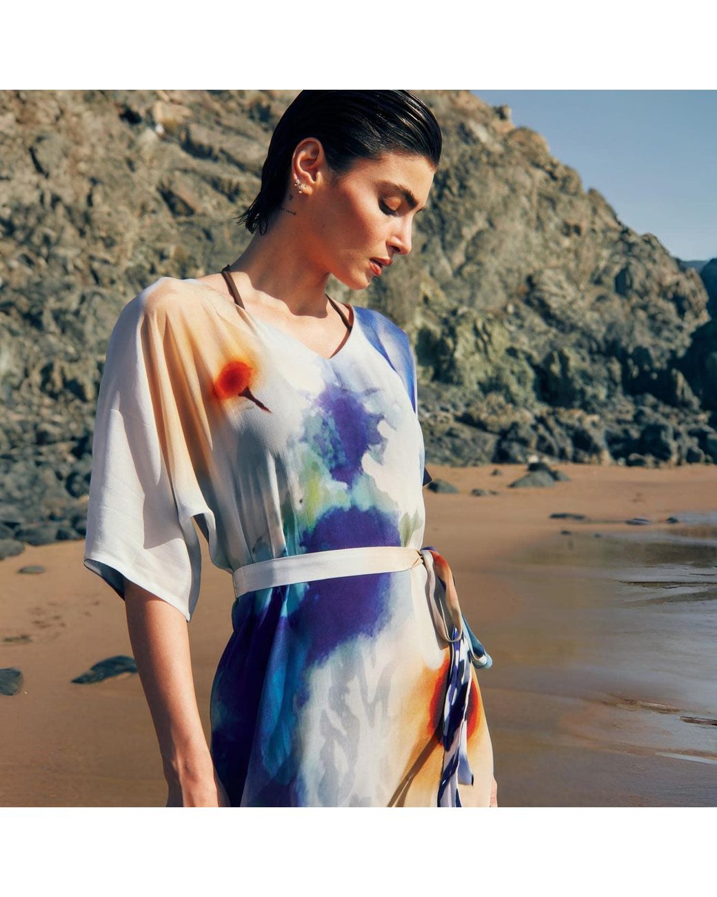 DHARA SHETH DUBAI Blue Ciel & Sand Long Kaftan Dress With Side Slits