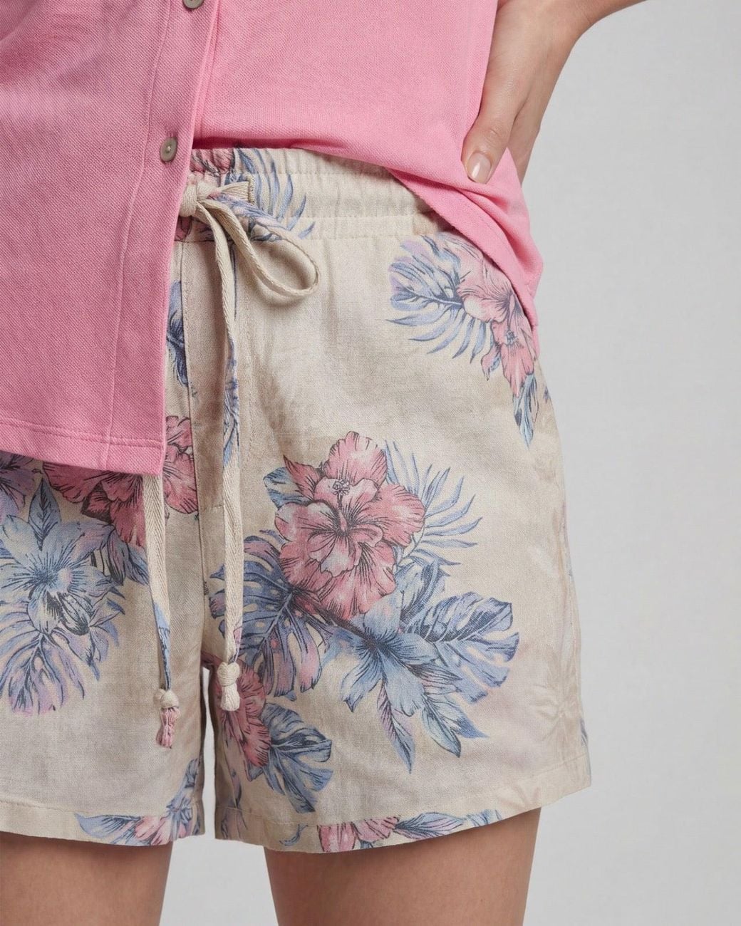 Lords of Harlech Gray Neutrals Leanne Exotic Floral Natural Drawstring Short