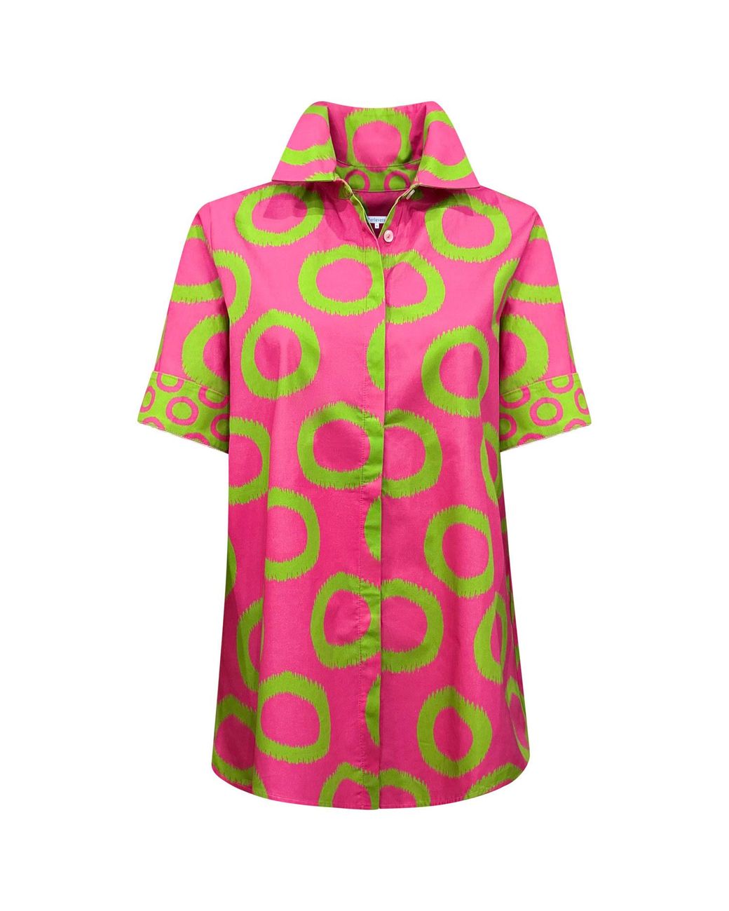 Perlavera Pink Cecil Giant Apple Circle Printed Satin Short Sleeve Length Missy Fit Shirt