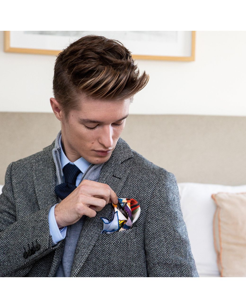 Otway & Orford Blue 'The Rugby Football Match' Silk Pocket Square. Full-Size for men