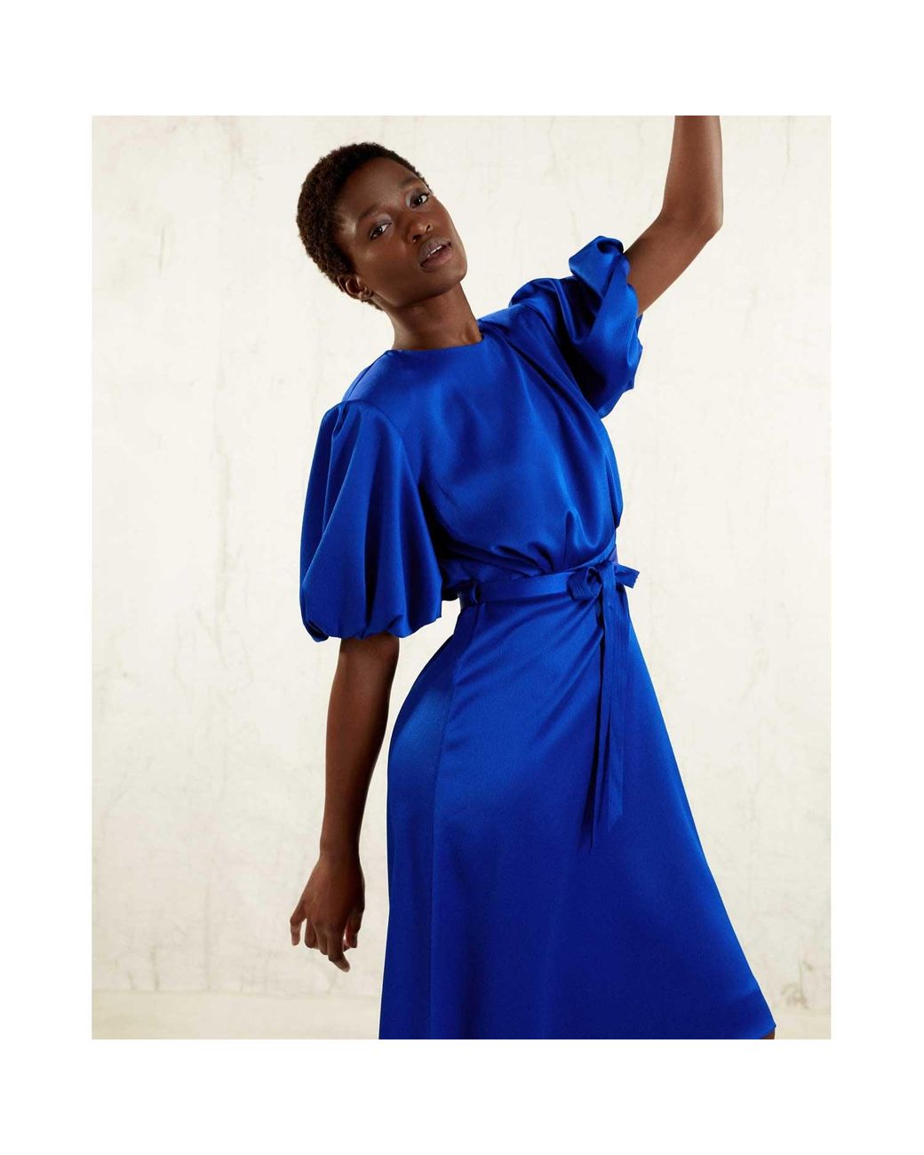 Femponiq Blue Draped Puff Sleeve Satin Dress