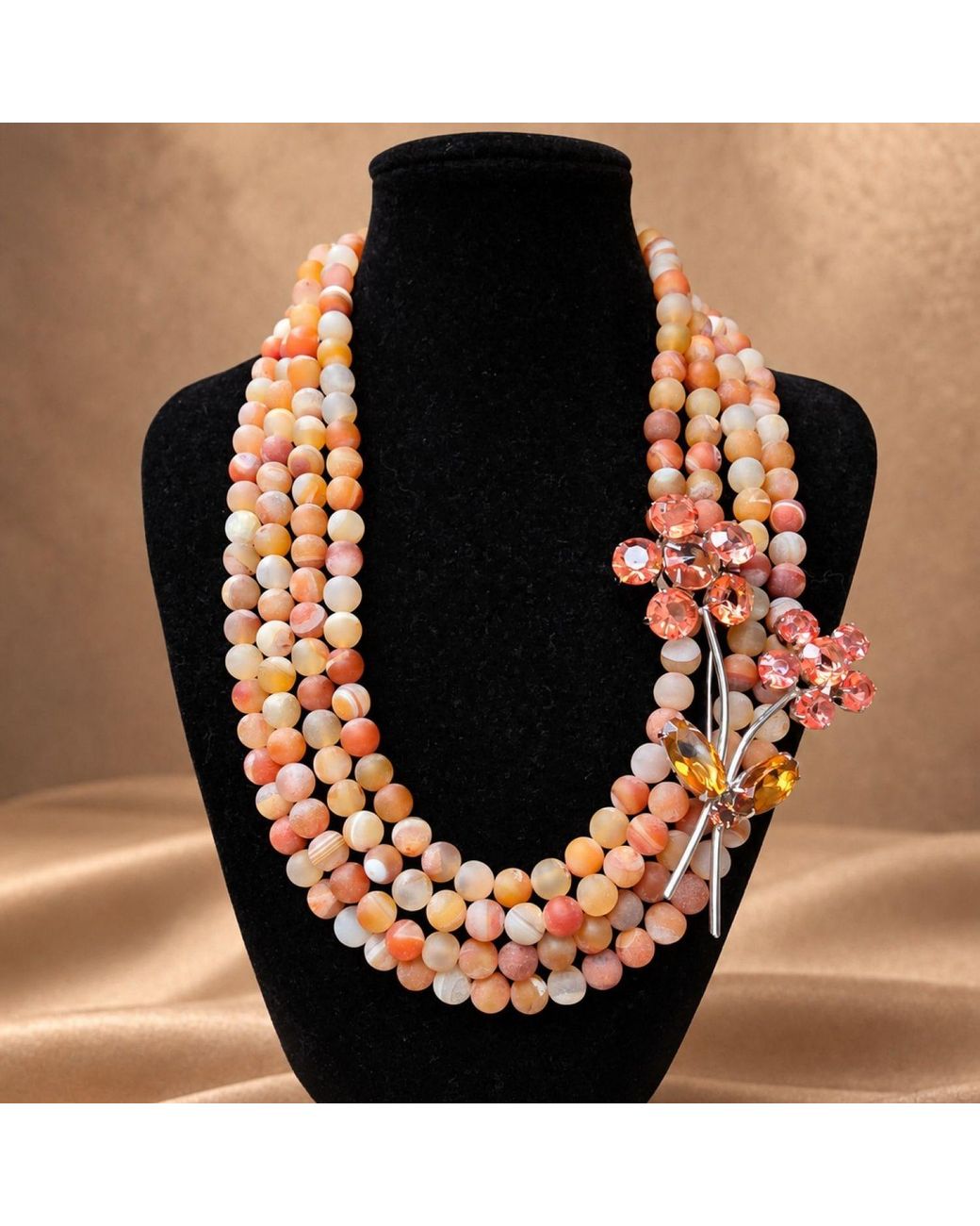 Way to Chic Orange Autumn Blossom Multi-Strand Frosted Agate Necklace