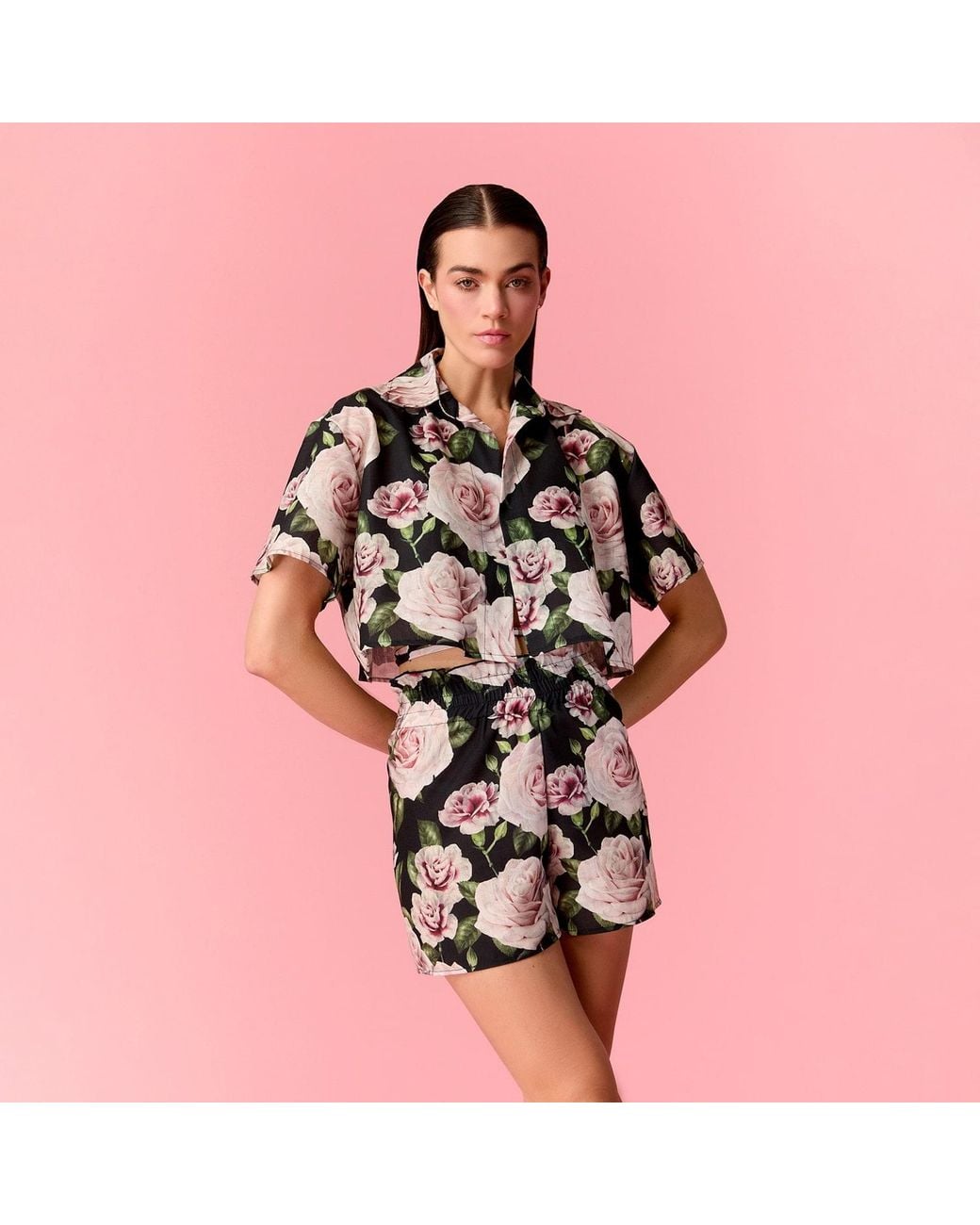 Nur Karaata Black Bloom Short Shirt Set