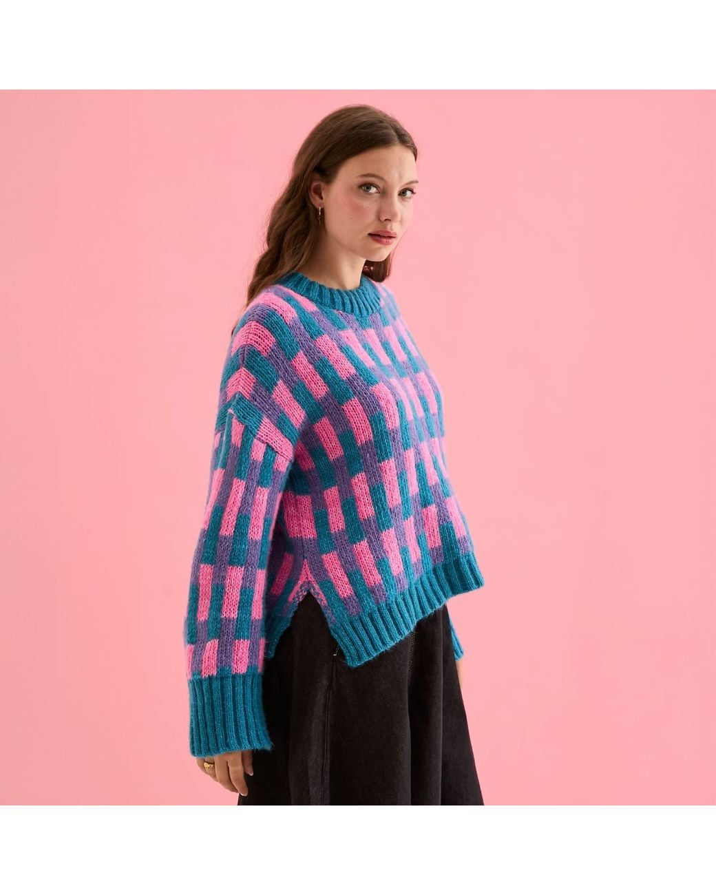 Cara & The Sky Blue Charlotte Geometric Pattern Wide Sleeve Knit Jumper