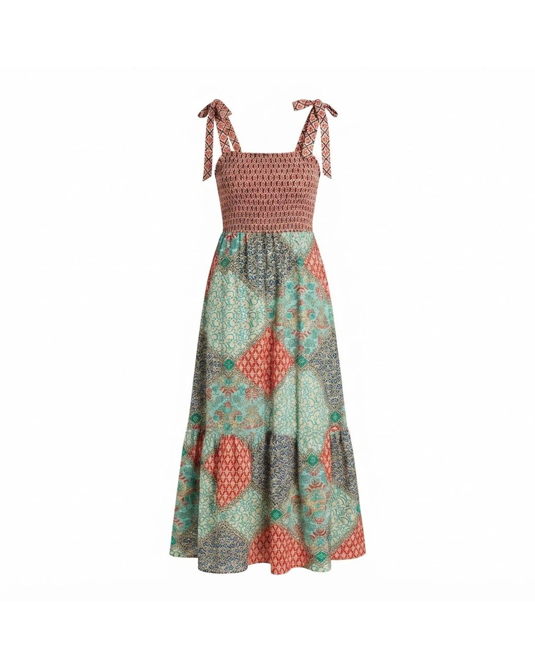 Yumi' Green Multicolour Patchwork Ruched Smocked Maxi Sundress