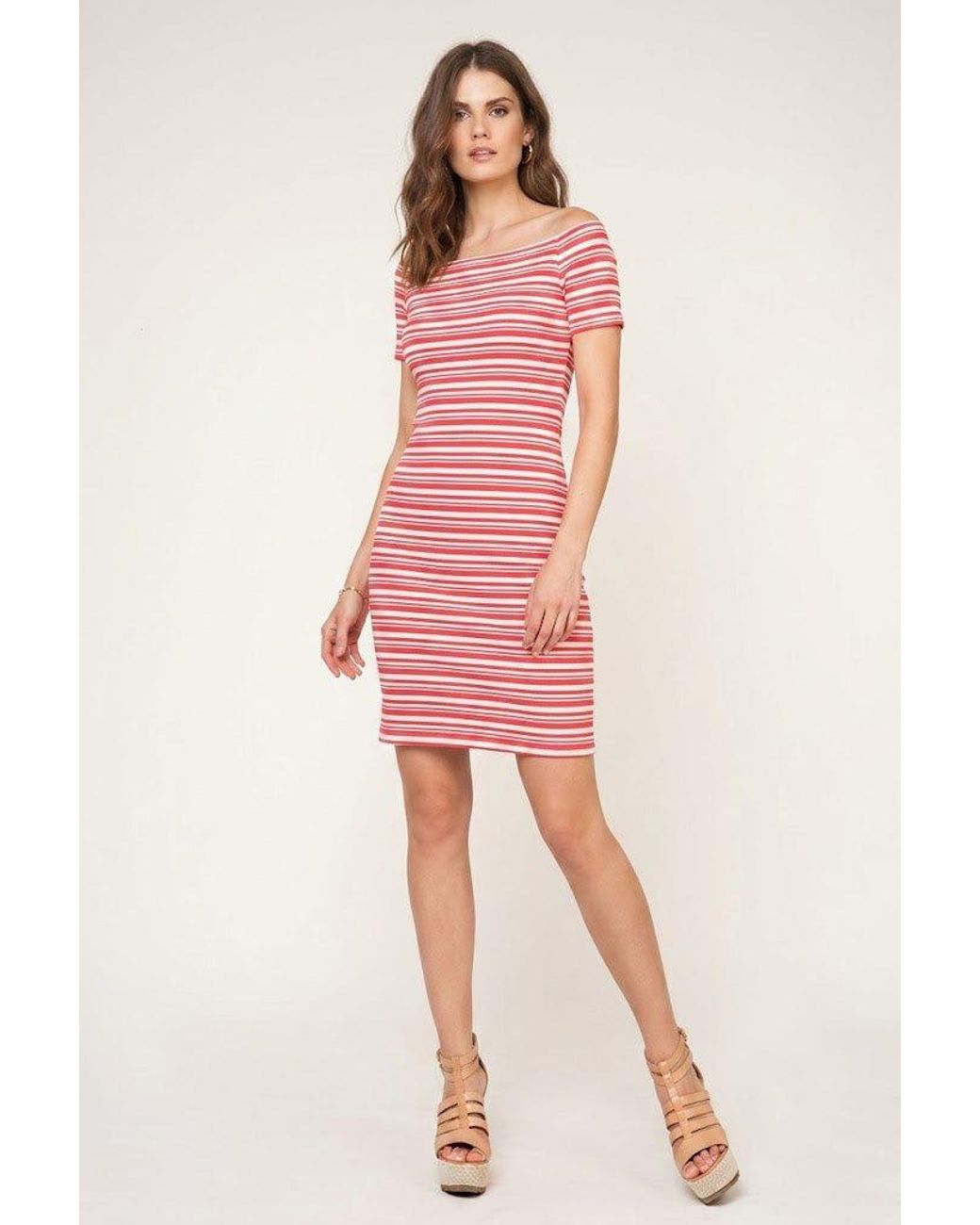Conquista Red Striped Bardot Dress