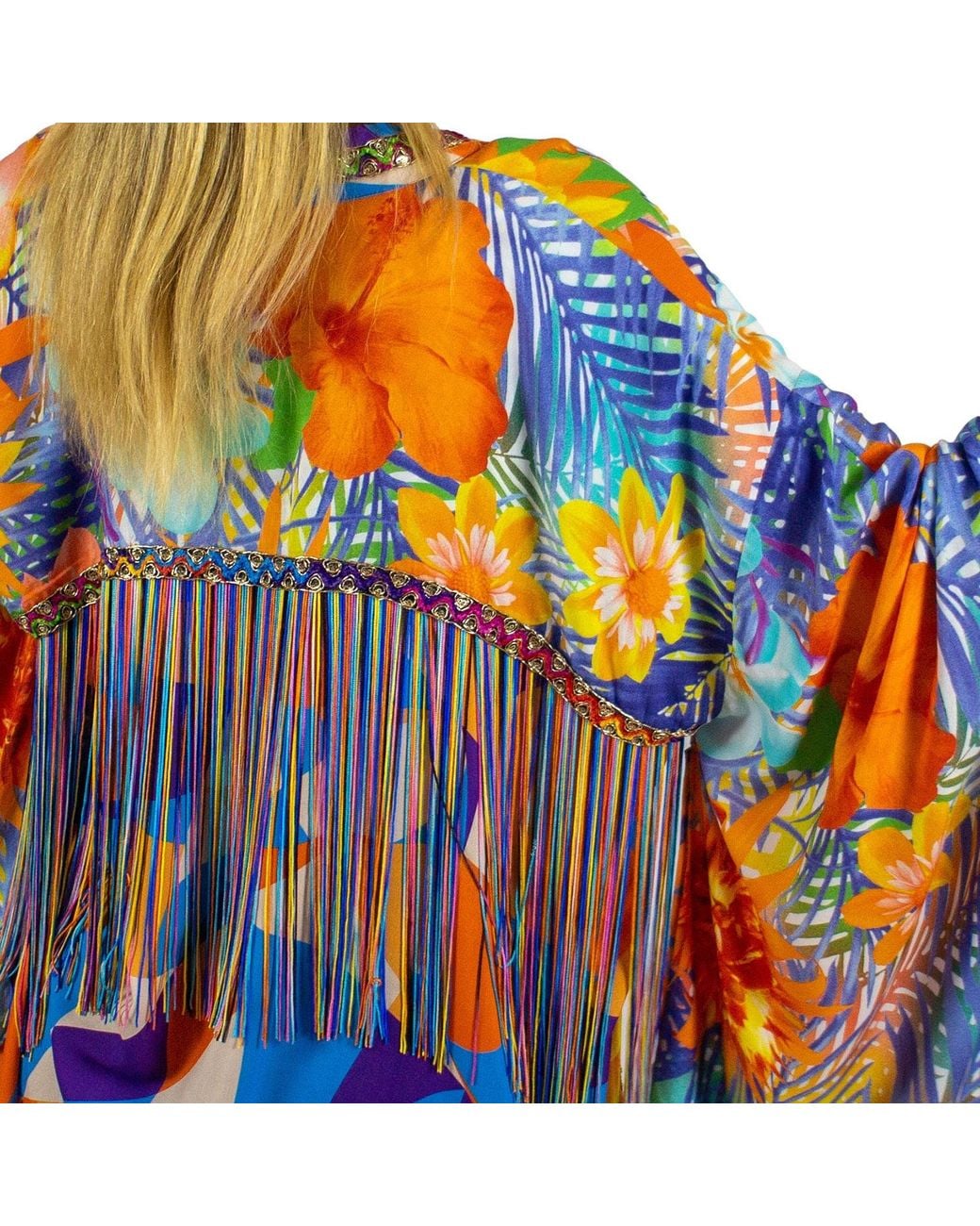 Lalipop Design Orange Viscose Kimono With Embroidery & Fringe Details