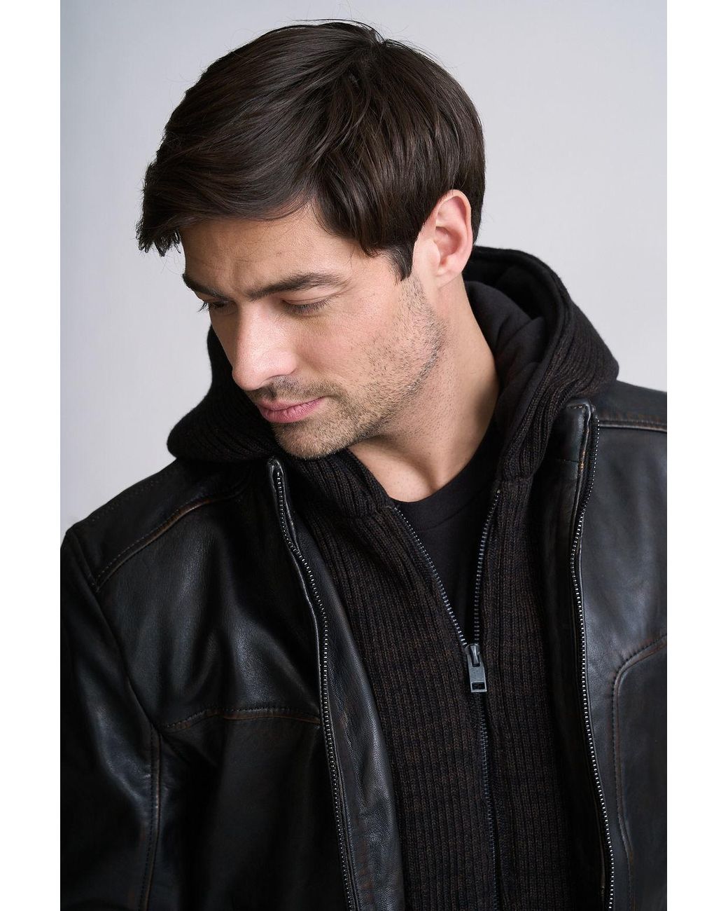 Mauritius Black Chonky Uf Contemporary Leather Jacket With Removable Hood for men