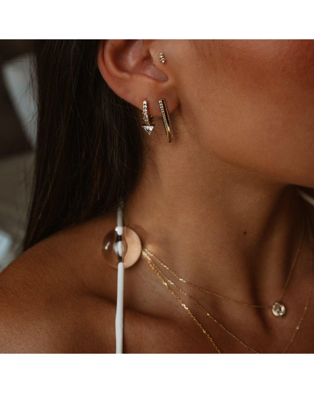 Ebru Jewelry White Twisted Double Row Zircon Hoop Earrings