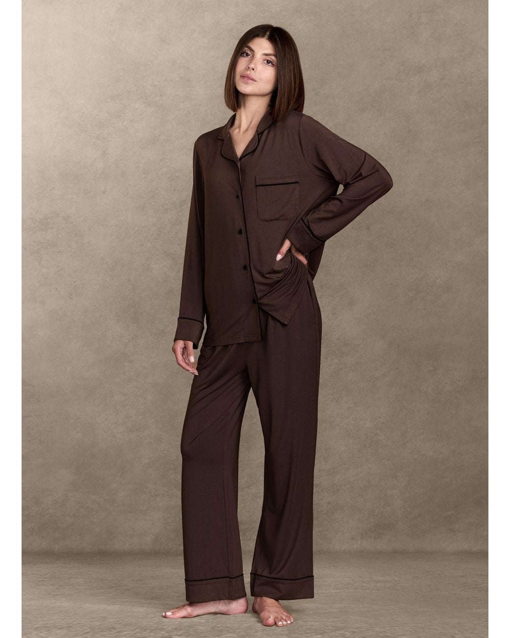 Pure Parima Brown Soft-Knit Long Sleeve Pajama Set