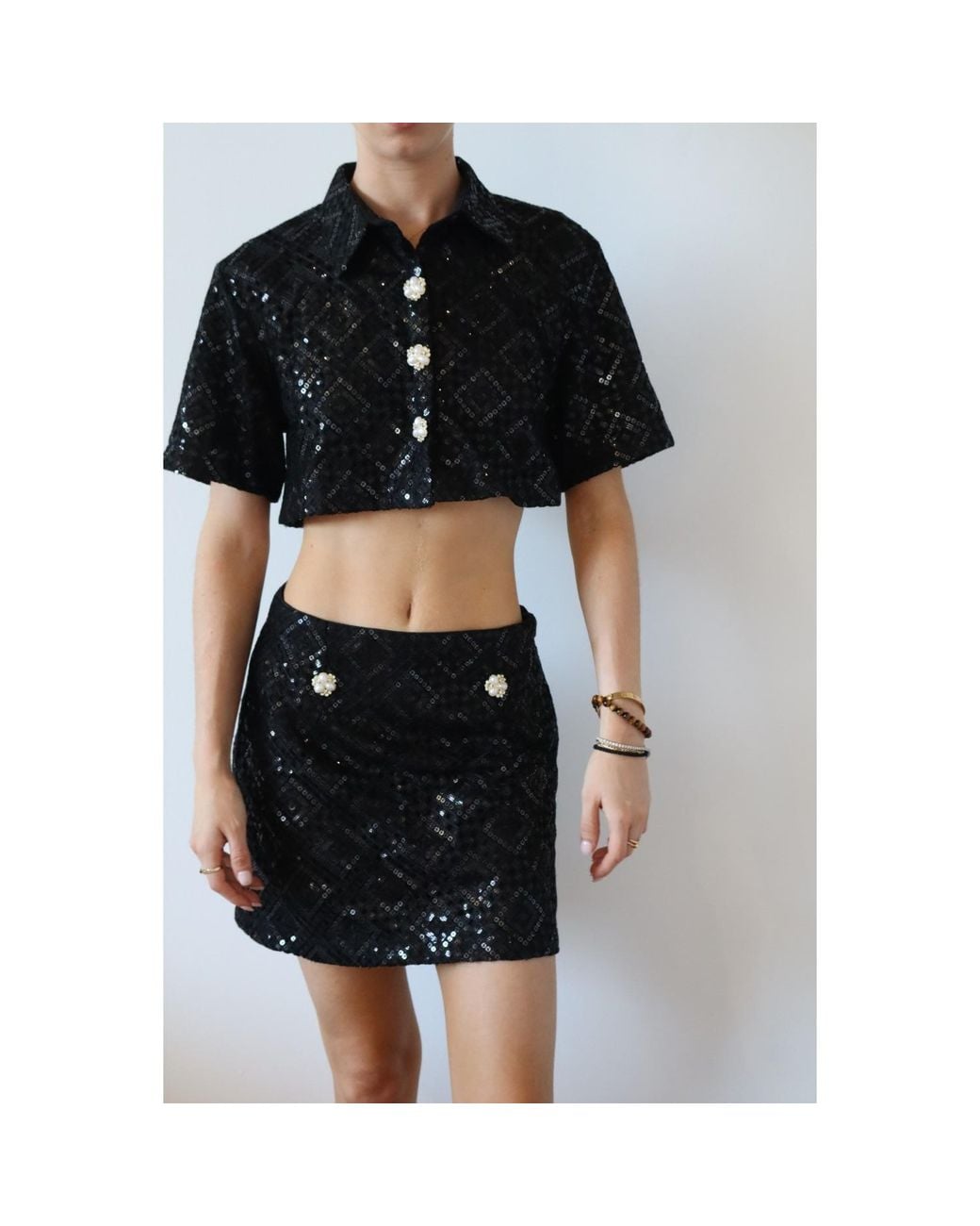 International Appeal Black Sequin Crop Shirt