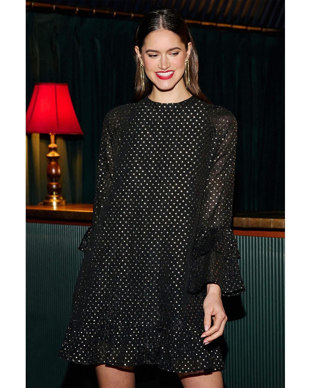 Yumi' Black Foil Print Tunic With Flared Sleeves