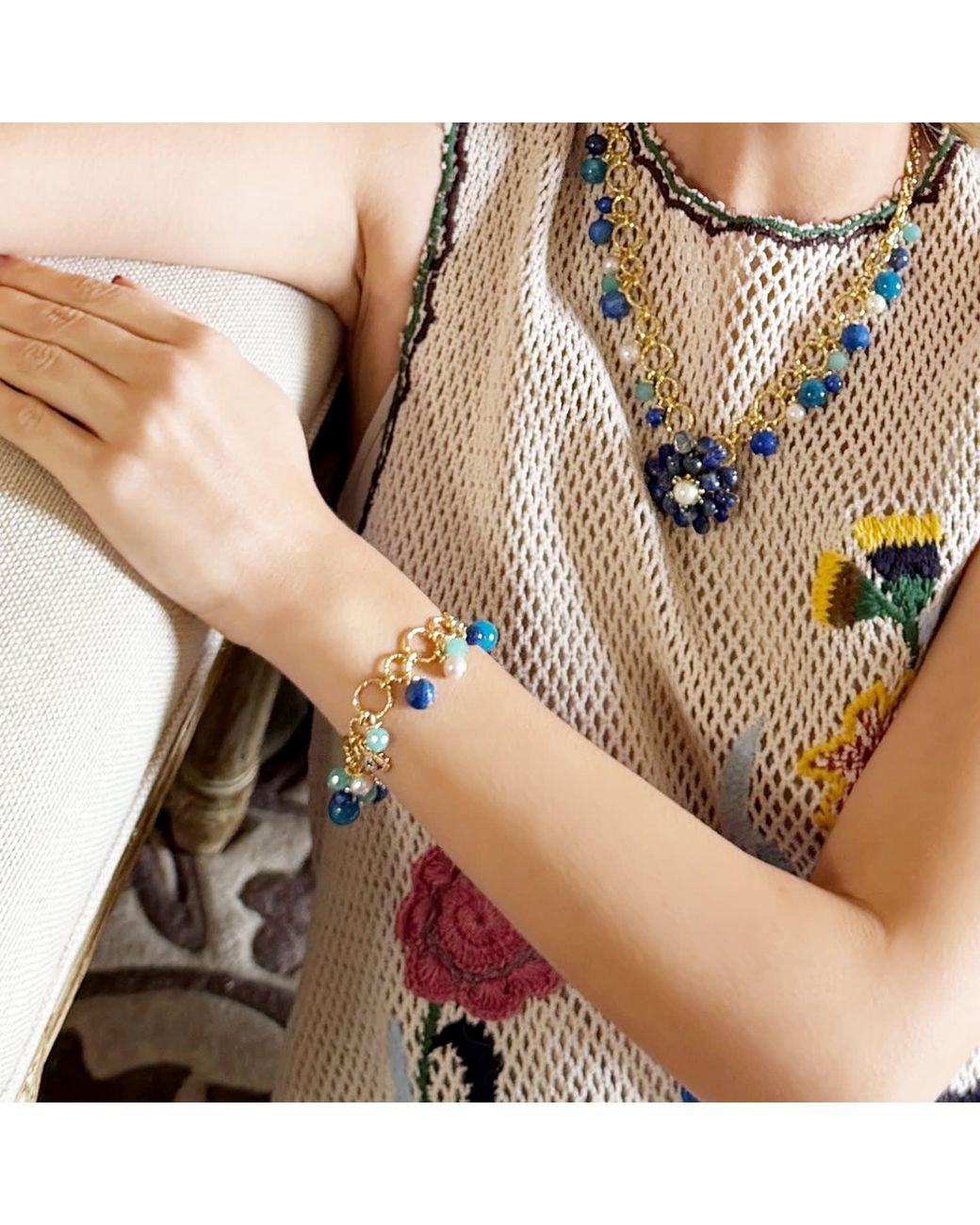 Farra Blue Lapis Lazuli Amazonite And Pearl Turkish Evil Eye Charm Bracelet