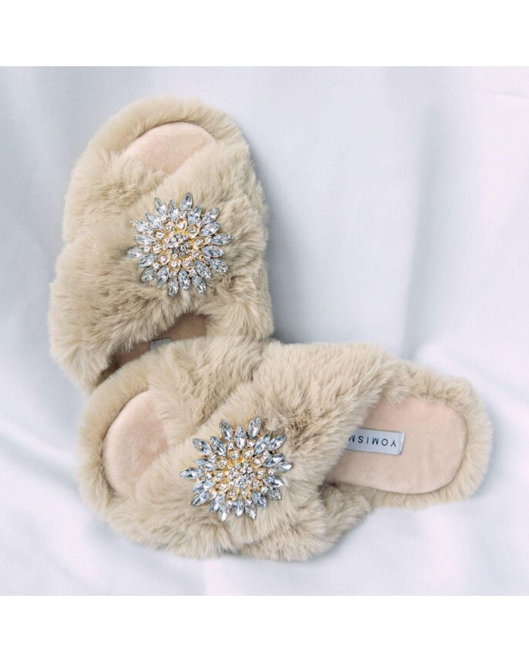 Yomisma Natural Neutrals Eco Faux Fur Slippers – Recycled Faux Fur + Clear Brooch Embellishment