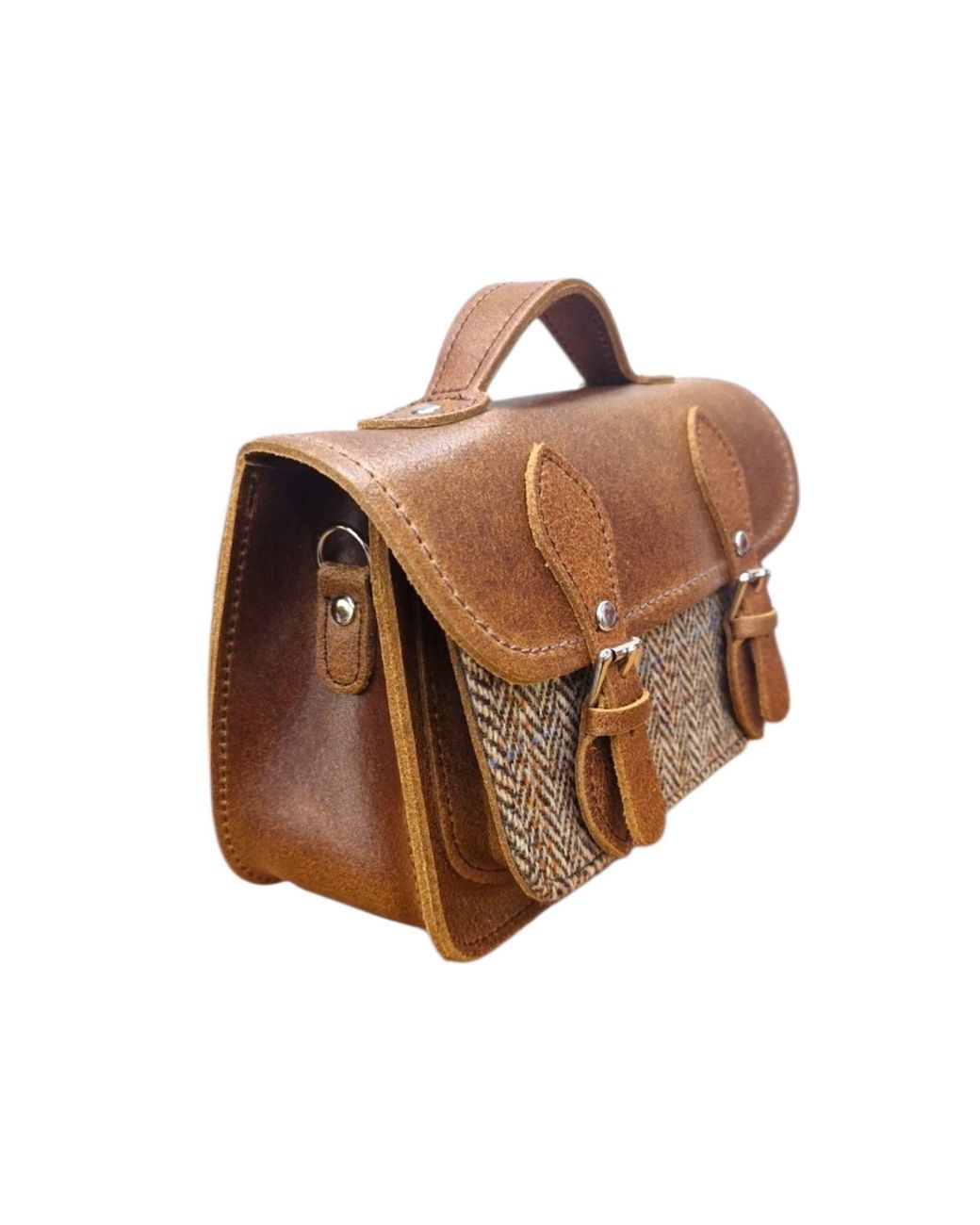 Zatchels Brown Handmade Tannery Leather & Tweed Cross Body Micro Satchel Plus