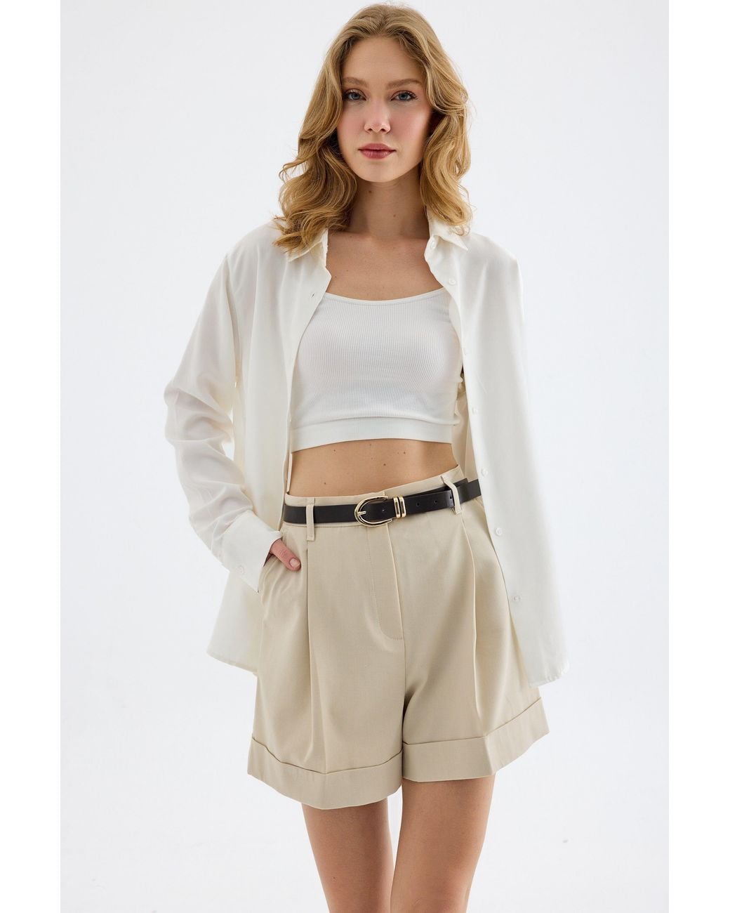 Monlicia Natural Neutrals Lina High Waisted Single Pleat Shorts
