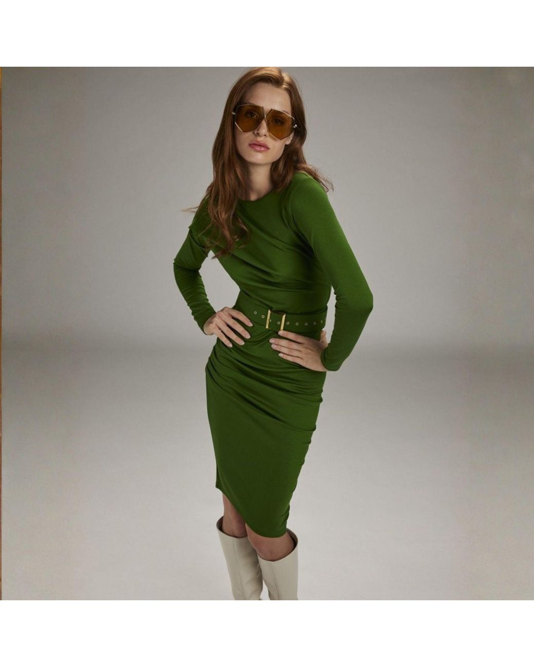 ALINA CERNĂTESCU Green Slide Midi Cocktail Dress With Asymmetric Skirt And Textile Belt