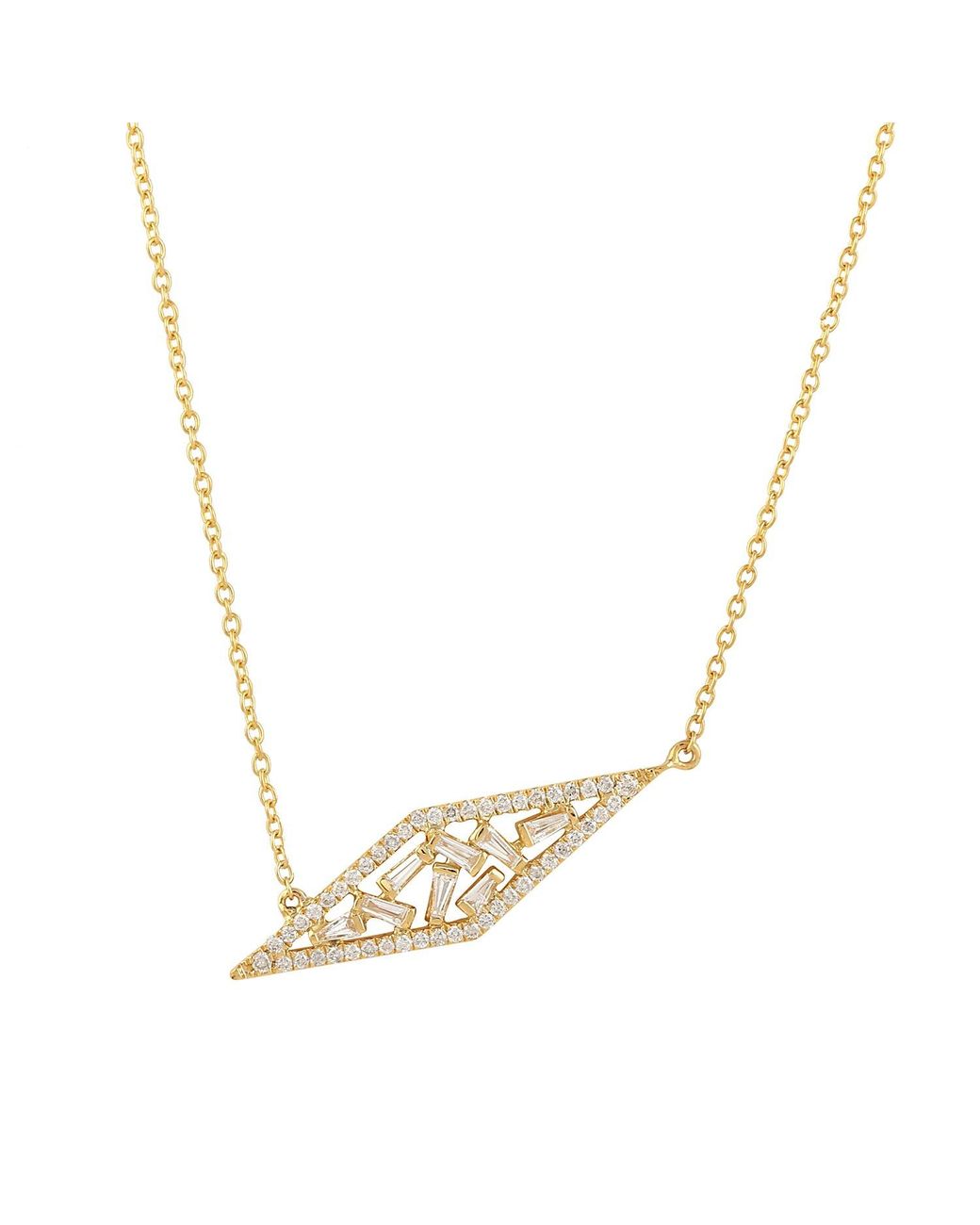 Artisan Metallic Solid Yellow Gold Baguette Diamond Chain Necklace Pendant