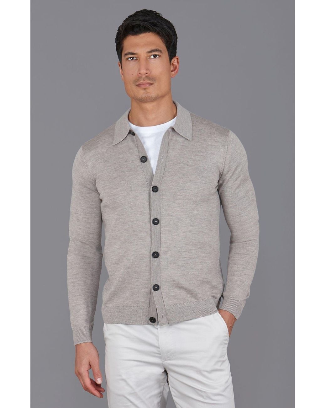 Paul James Knitwear Gray Extra Fine Merino Wool Cassius Polo Cardigan for men