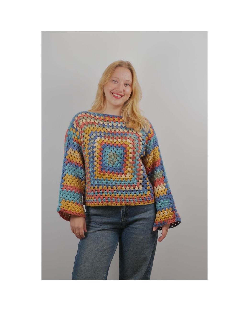 Ana Chic Multicolor Striped Granny Square Handmade Crochet Jumper