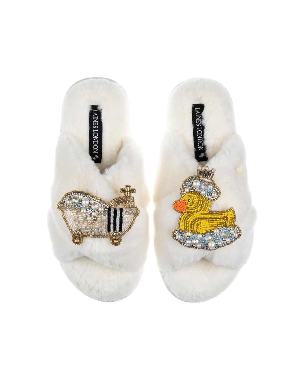Laines London White Neutrals Classic Laines Slippers With Rubber Duck Bath Queen Brooches