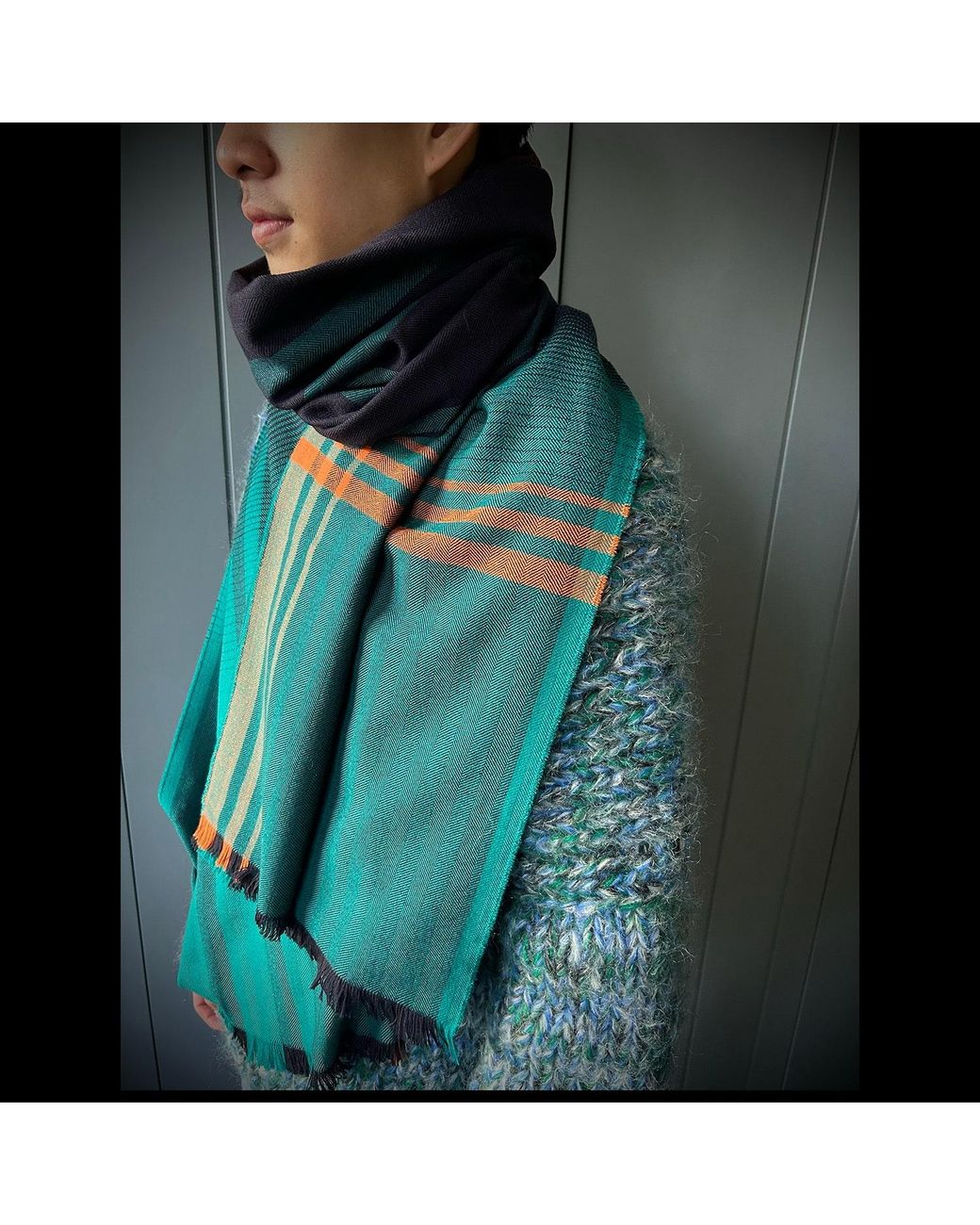Essien & Emre Green Checked And Stripe Merino Scarf for men