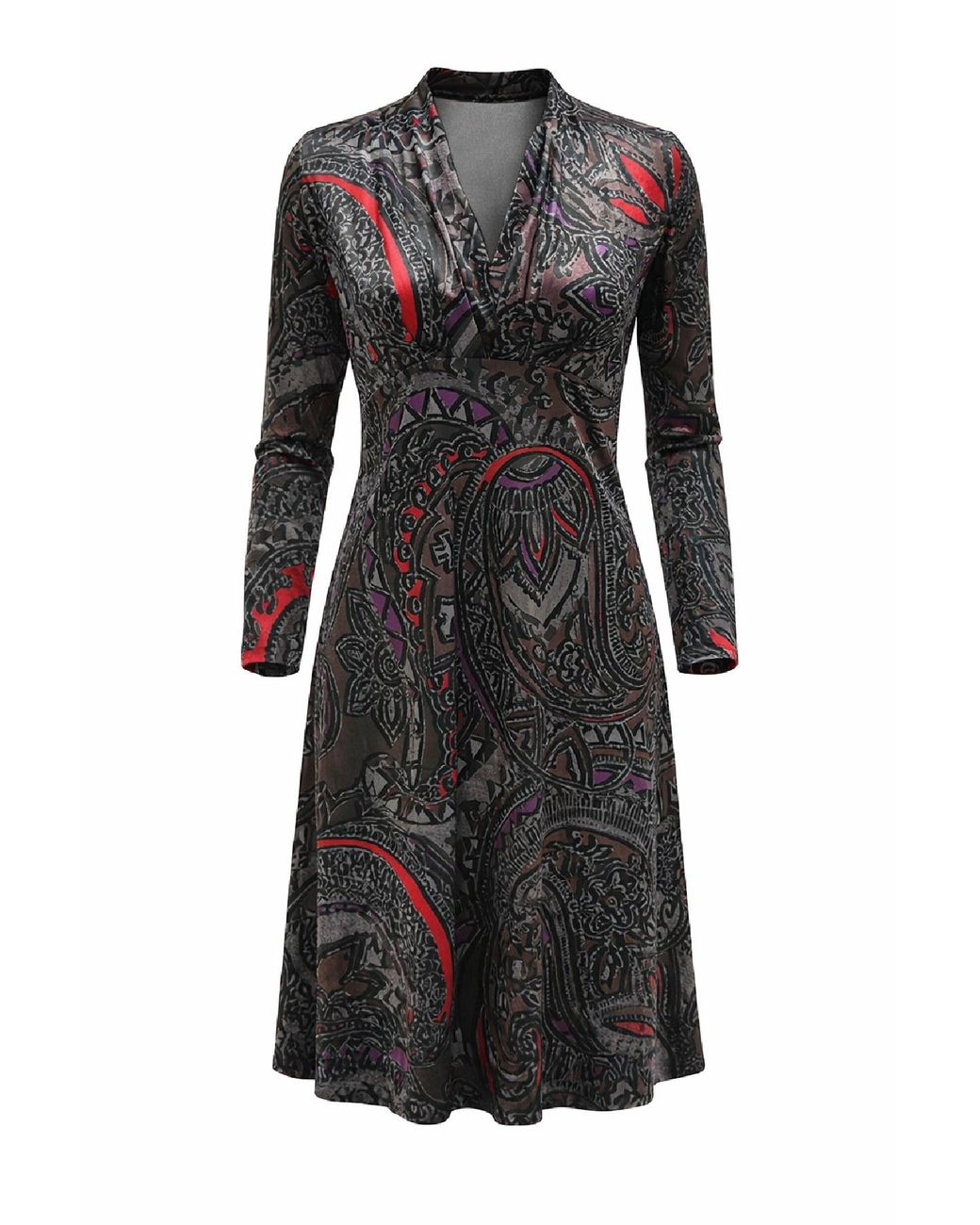 Conquista Black Elegant Printed Wrap-Style Midi Dress With Long Sleeves