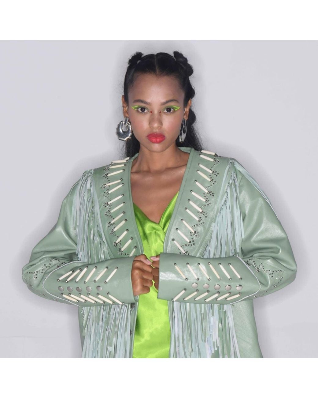 Zasta Studio Green The Leader- Beads & Fringes Leather Jacket