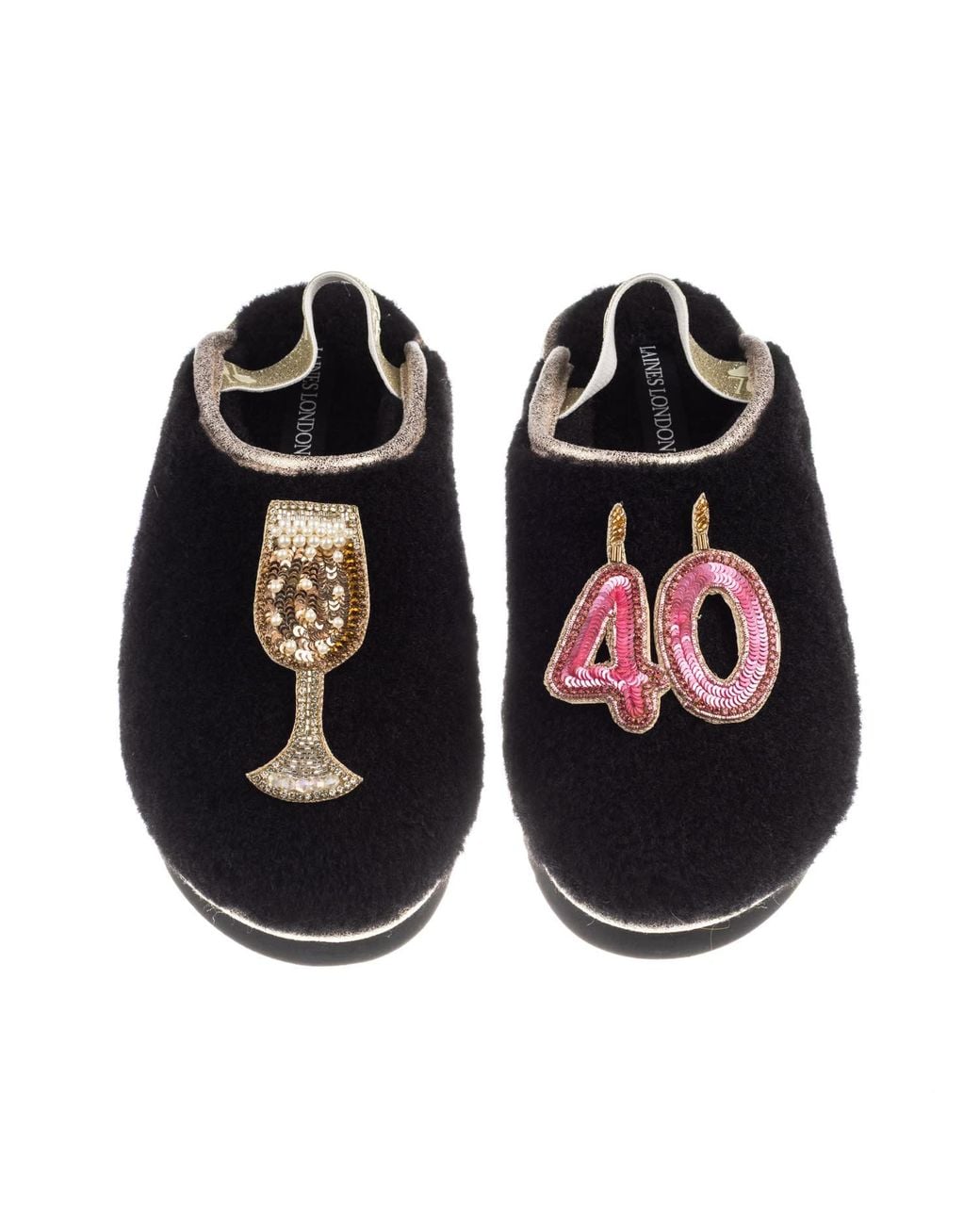 Laines London Black Flatform Cloud Closed Toe Slippers With 40Th Birthday & Champagne Glass Brooches