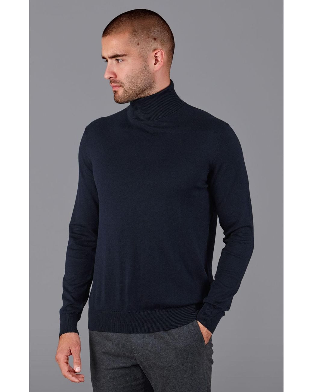 Paul James Knitwear Blue Ultra Fine Cotton Atwod Roll Neck Jumper for men