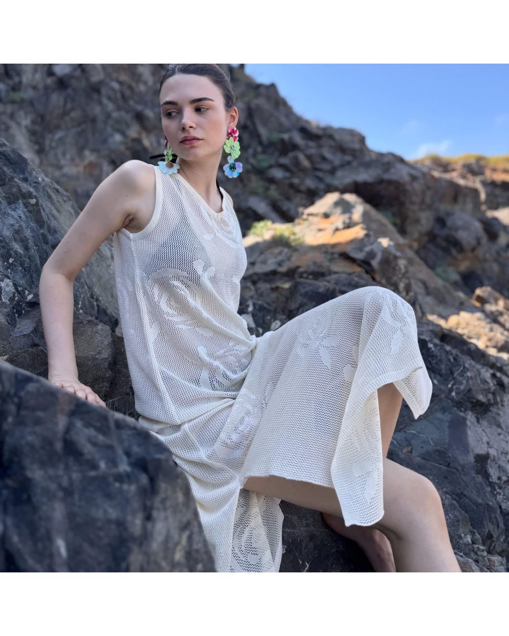 Peraluna White Neutrals Honeymoon Openwork Knit Beach Dress