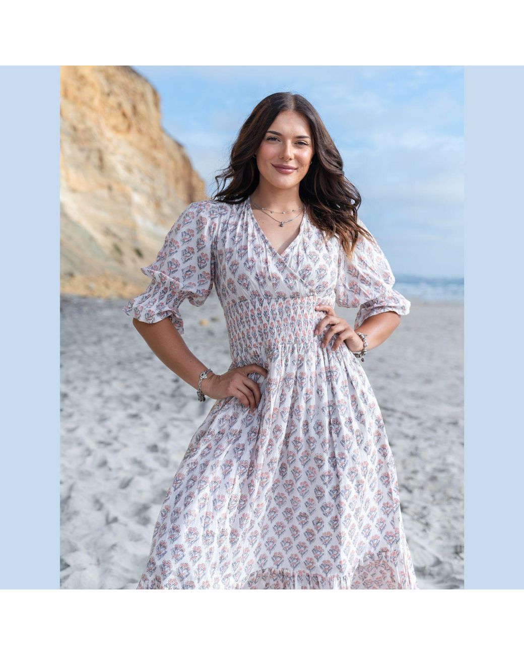 House of Gl Pink Neutrals Lilienne Hand-Block Printed Smocked Midi Dress