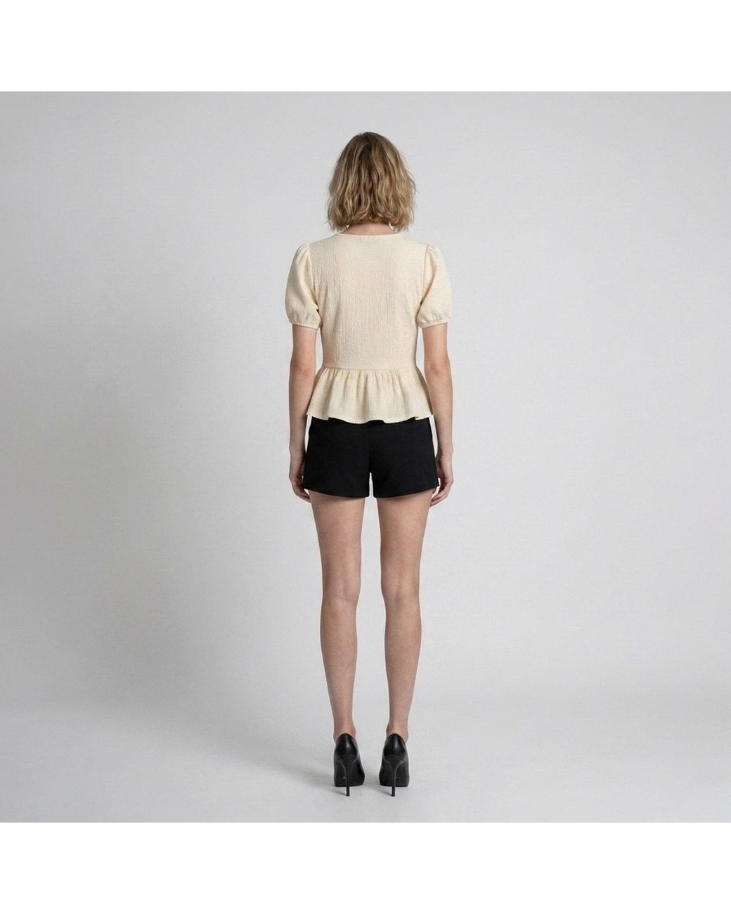 Modenaire Natural Neutrals Peplum Blouse Sculpted Sleeve Bow Detail