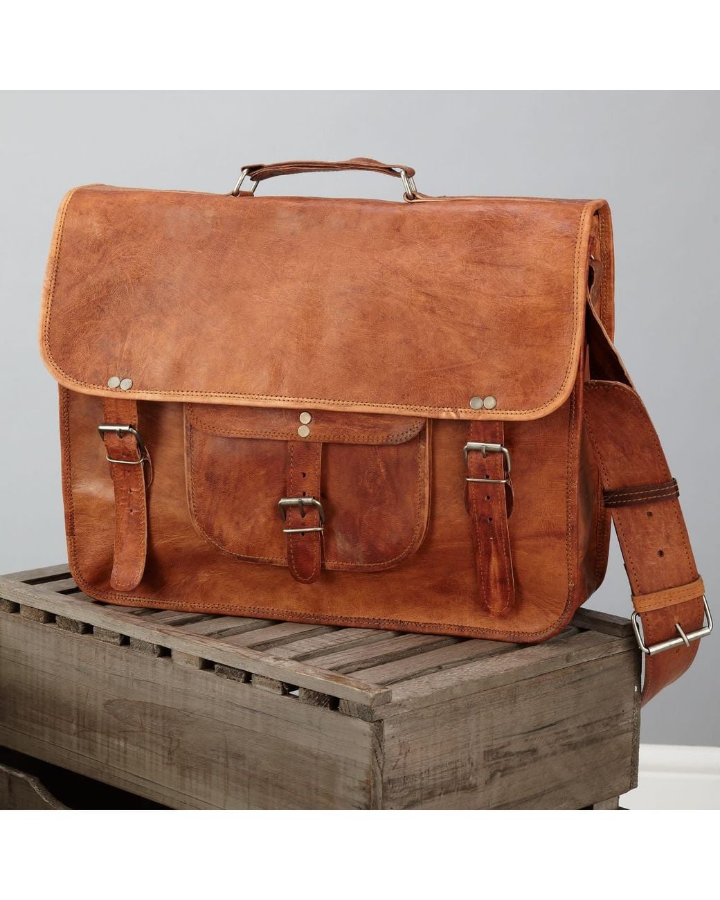 VIDA VIDA Brown Vida Vintage Classic Leather Satchel for men