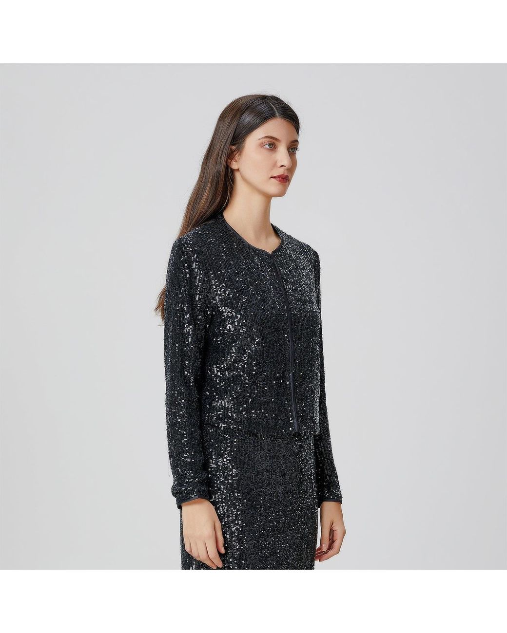 Smart and Joy Gray Rhinestone Jacket With A Round Neckline