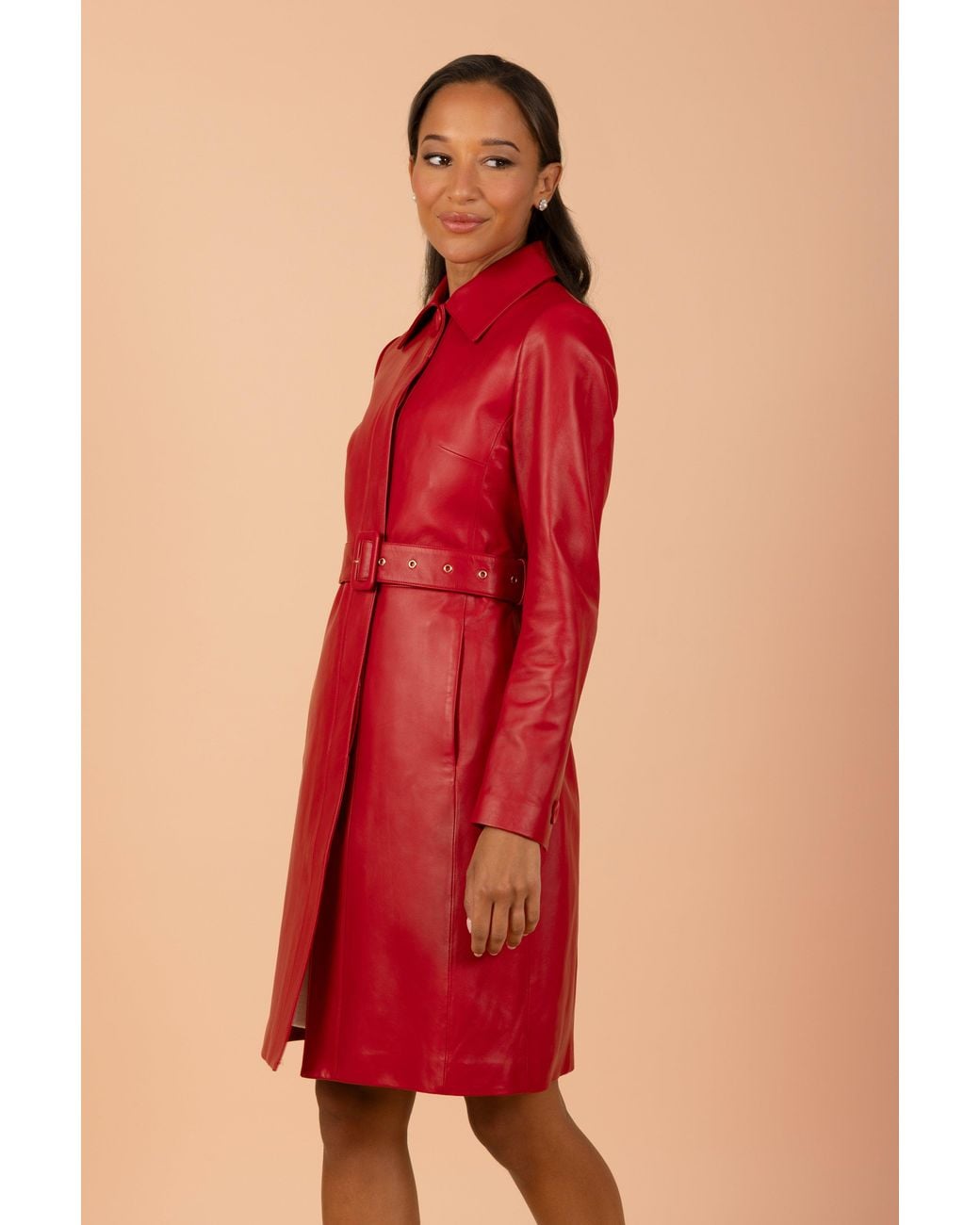 Santinni Red Bellucci Belted Leather Coat