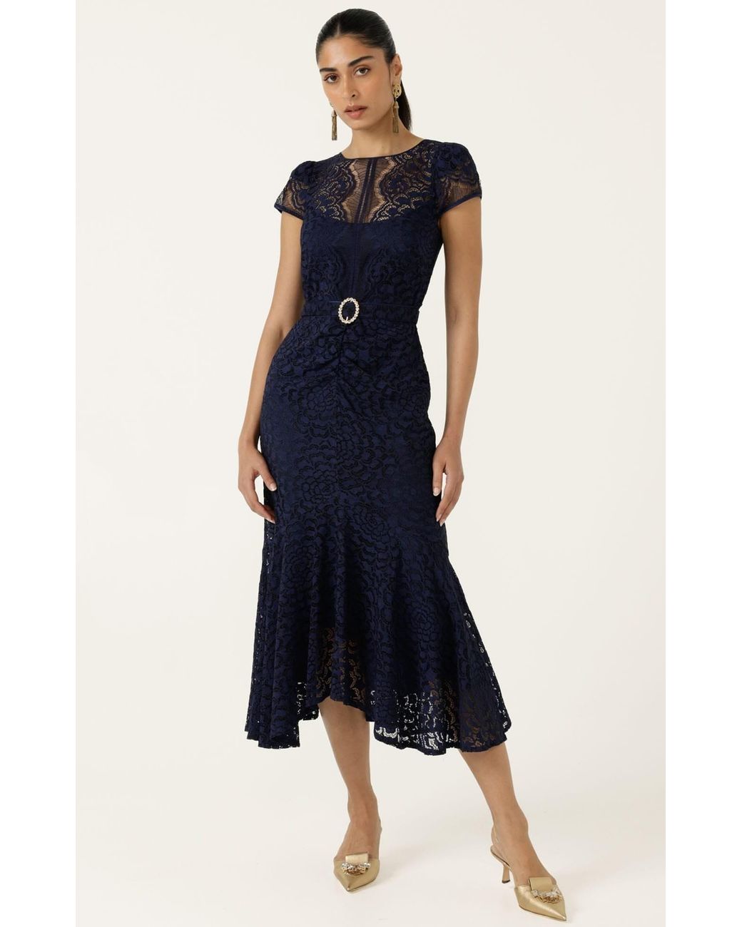 SACHA DRAKE Blue Affair Of Honour Scalloped Lace Midi Dress
