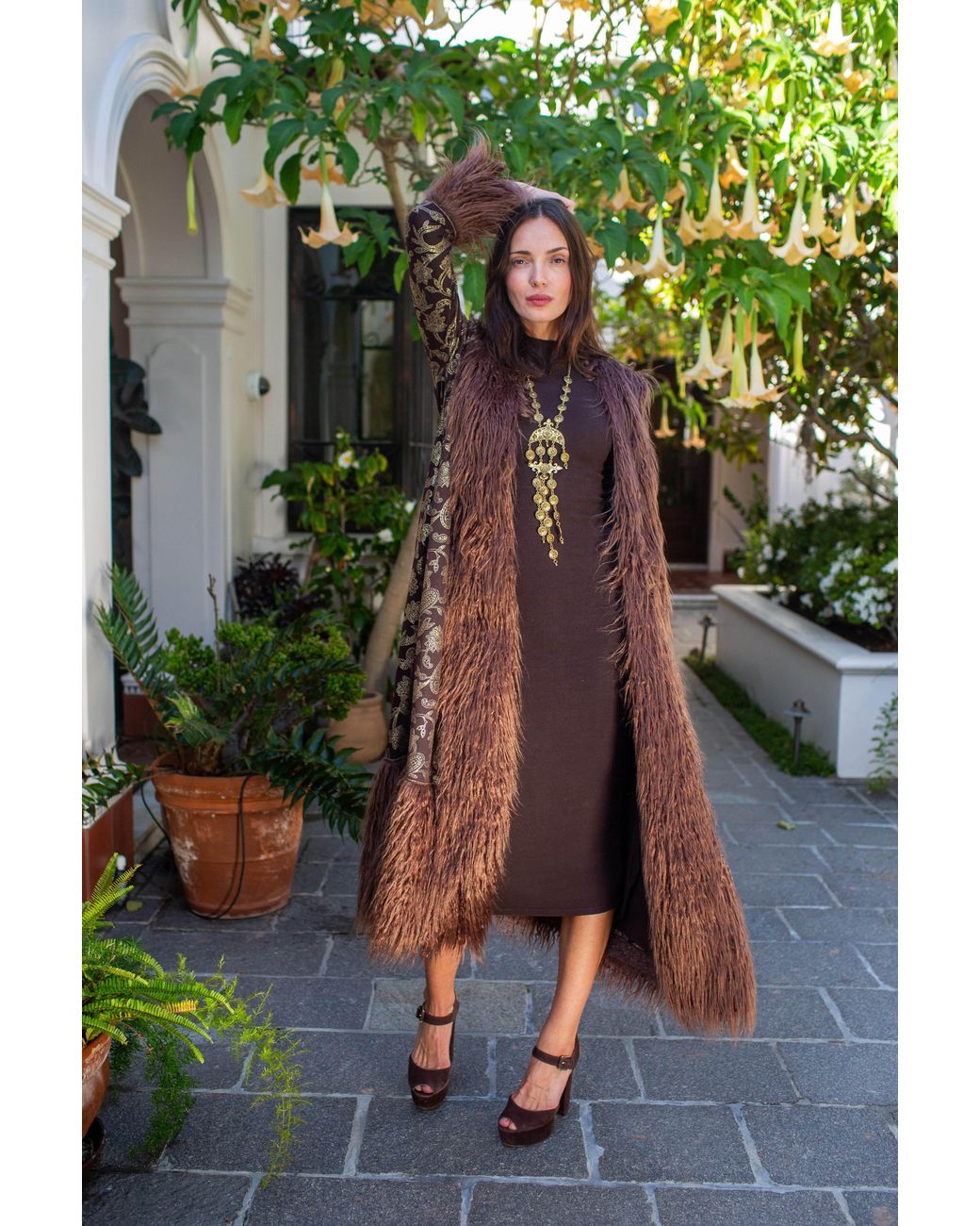 Jennafer Grace Brown Penny Deluxe Filigree Morena Faux Fur Trim Coat