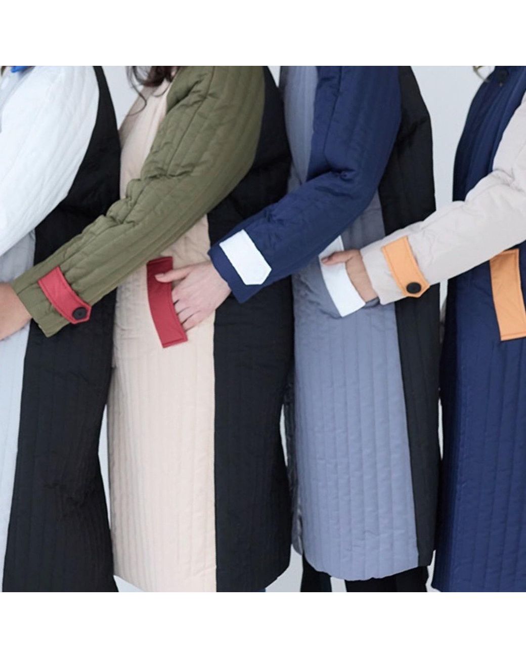 London Atelier Byproduct Pink Neutrals Khaki Patchwork Color Block Quilted Long Jacket