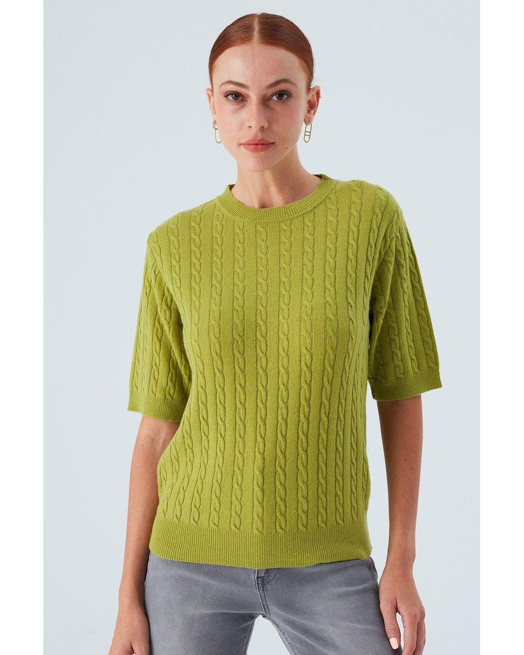 Peraluna Green Nicole Cable Knit Cashmere Blend Short Sleeve Blouse
