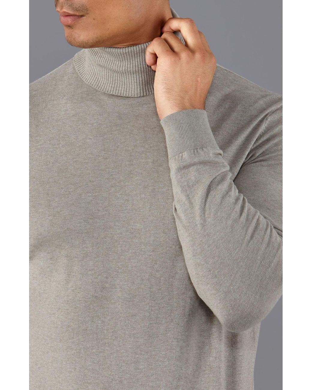 Paul James Knitwear Gray Neutrals Ultra Fine Cotton Atwod Roll Neck Jumper for men