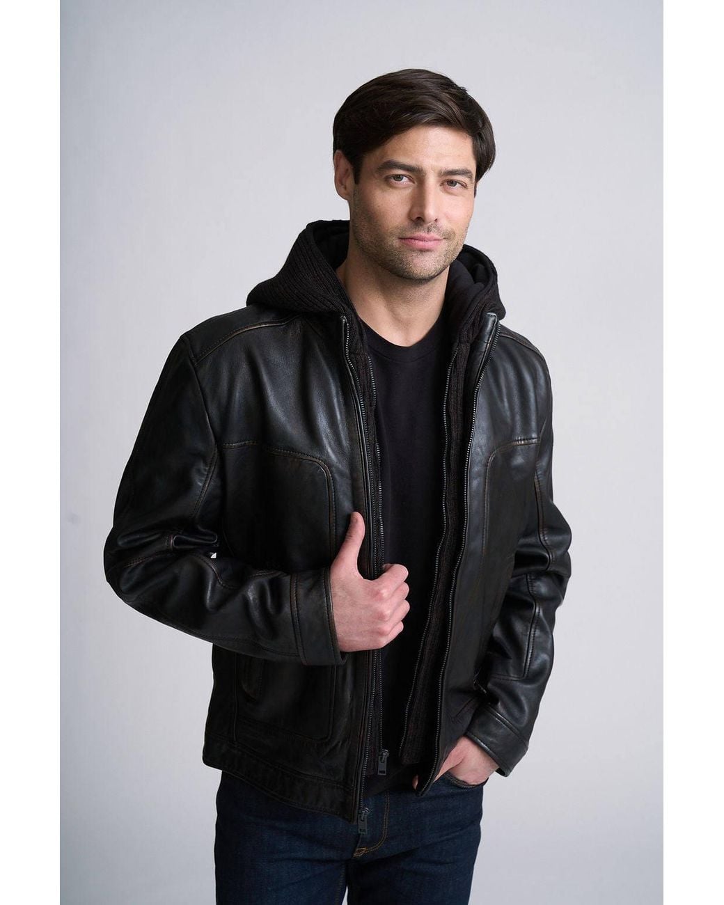 Mauritius Black Chonky Uf Contemporary Leather Jacket With Removable Hood for men