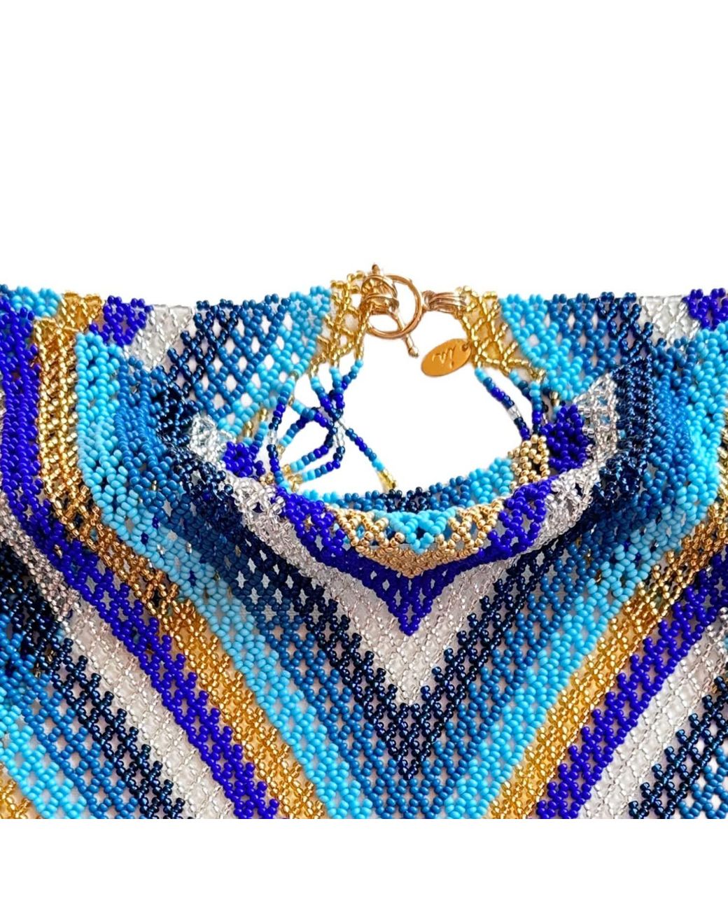 Iliana Arrazola Blue Scarf Fringe Necklace, Glass Beads, Beaded Jewelry
