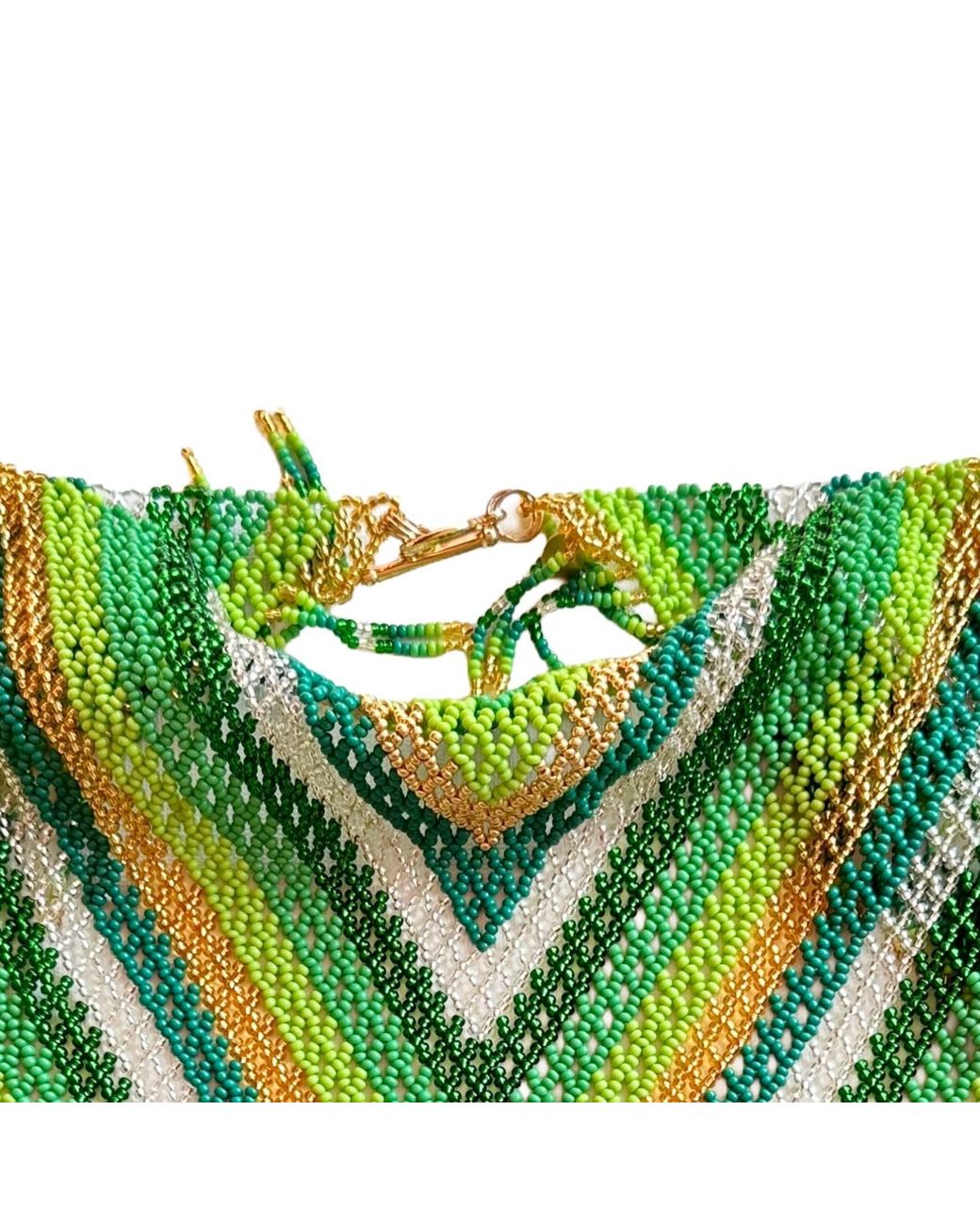 Iliana Arrazola Green Scarf Fringe Necklace, Glass Beads, Beaded Jewelry