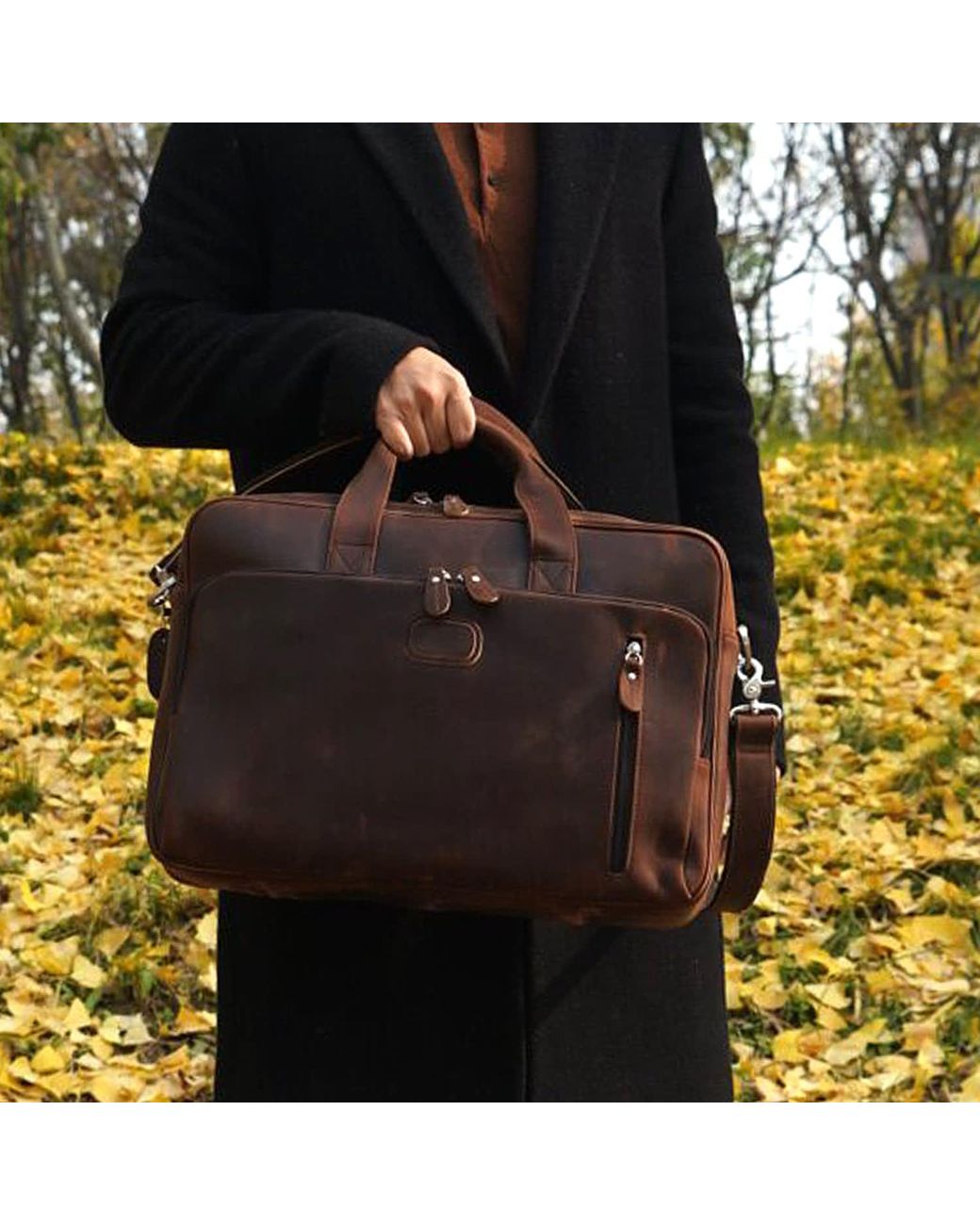 Touri Brown Genuine Leather Briefcase With Front Leather Patch for men
